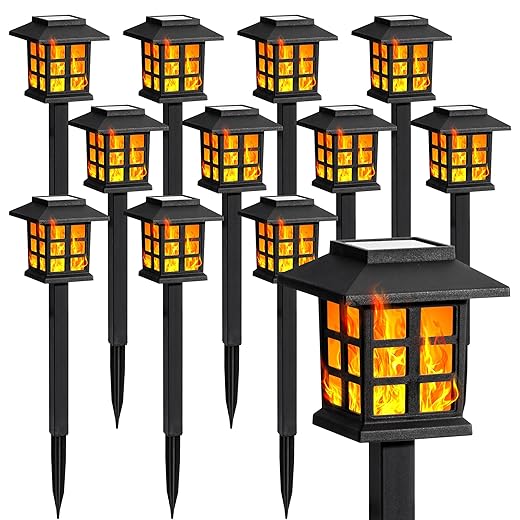 GIGALUMI Solar Lights for Outside,12 Pack Flickering Flame LED Solar Outdoor Lights, Waterproof Solar Garden Lights Maintain 10 Hours of Lighting for Christmas, Garden, Landscape, Path, Yard, Patio