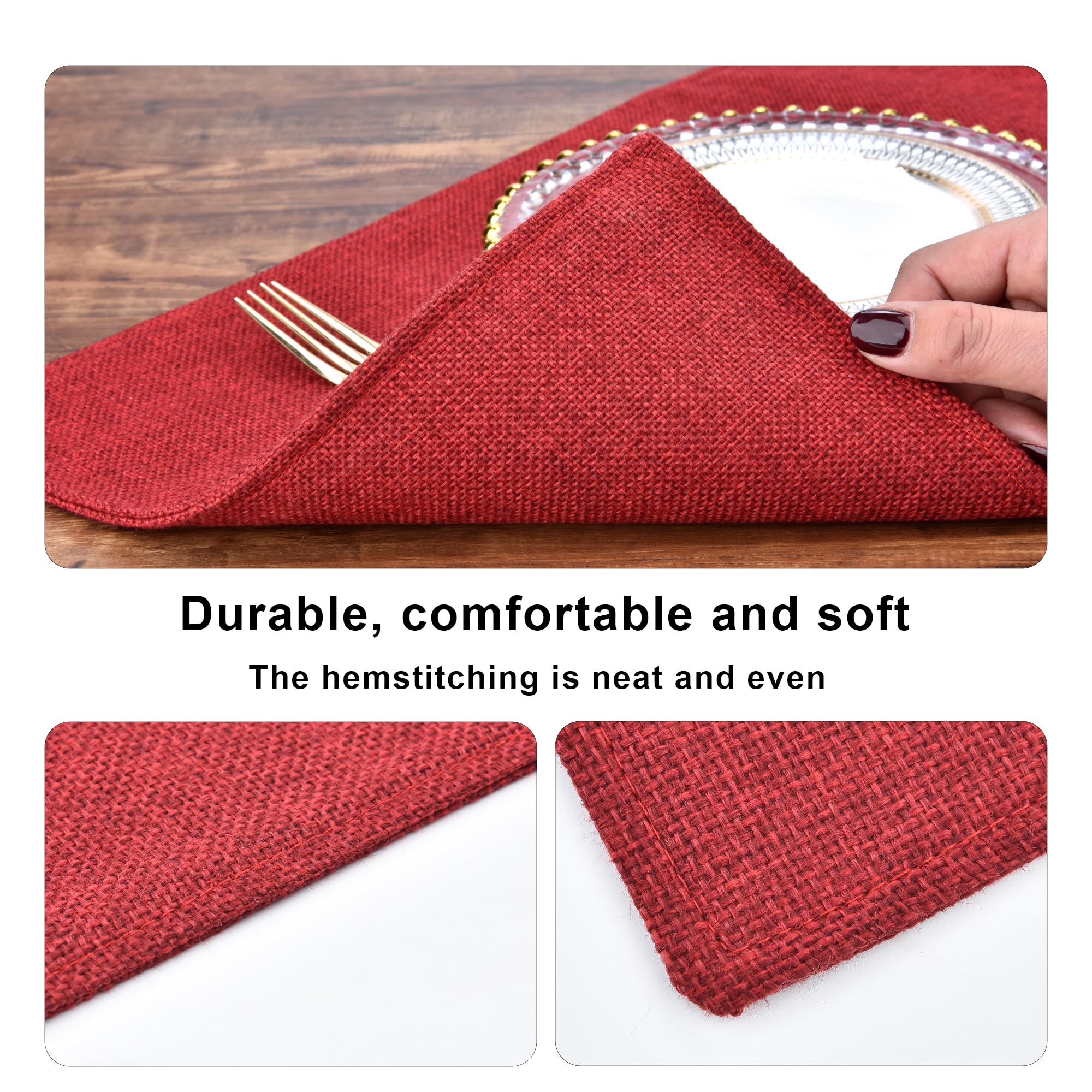 SLKQG Christmas Linen Fabric Placemats Set of 4 - Holiday Dining Table Mats for Festive Decor, Heat Resistant & Machine Washable, Place Mats for Dinner Parties, Xmas Gift for Home (4, Wine Red)