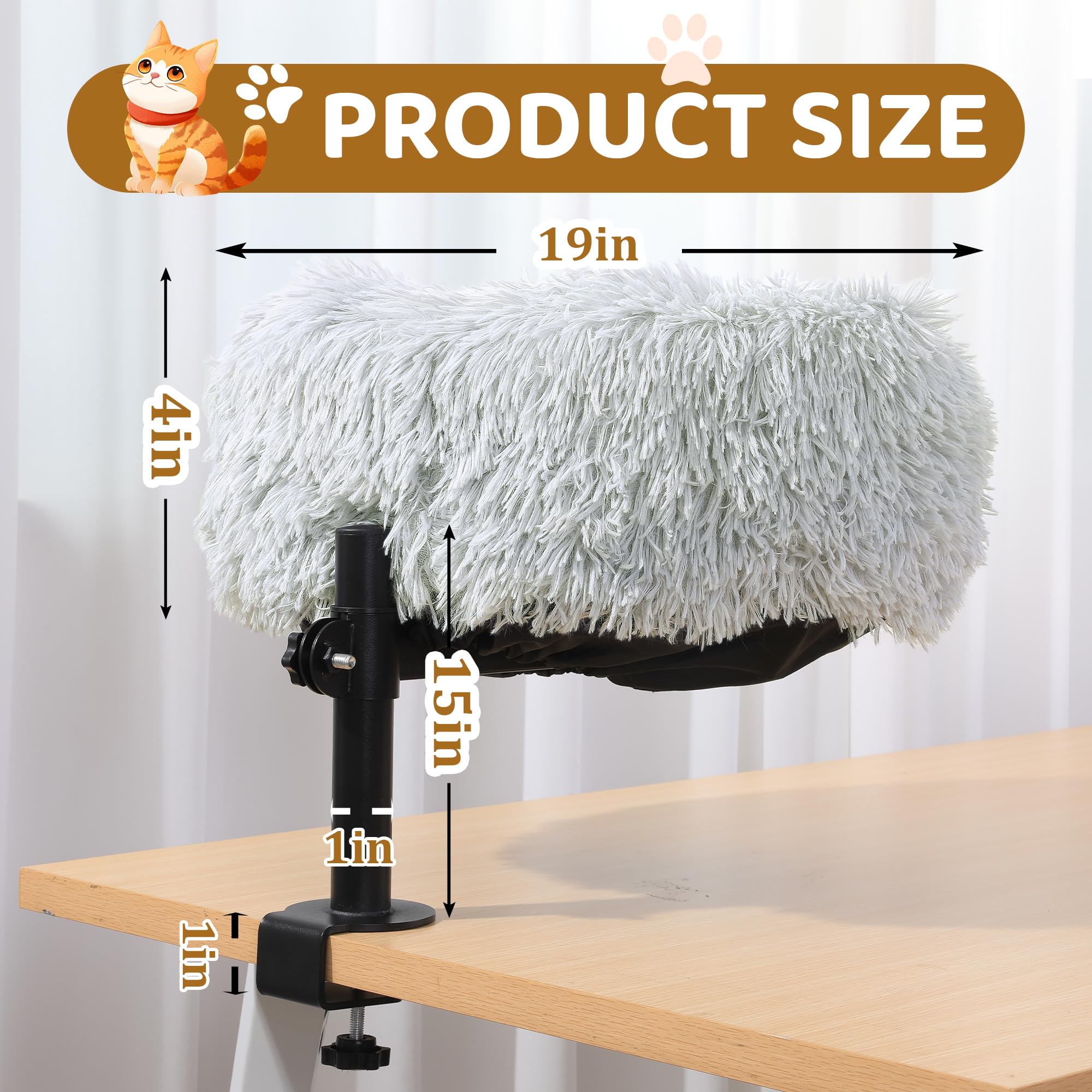 BALAPET Soft Faux Fur Desk Cat Bed with Steel Frame, Elevated Height-Adjustable Cat Hammock Attached to Desk?Cozy Plush Pet Bed for Home Office Living Room Study Supports Up to 50lbs