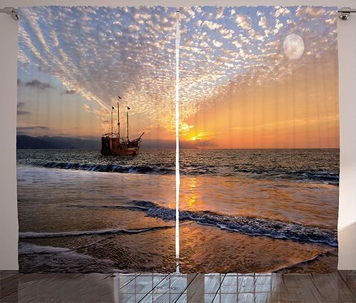 Ambesonne Cortinas náuticas, barco pirata navegando en olas fantasía en el mar, horizonte, luna, cielo, paisaje surrealista, sala de estar,