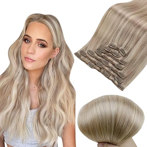 Full Shine Clip in Hair Extensions Human Hair 18 Inch Highlight Blonde Hair Extensions Real Remy Hair Silky Straight Clip in Extensions Ash Blonde Mix Bleach Blonde 120G 7Pcs With Lace