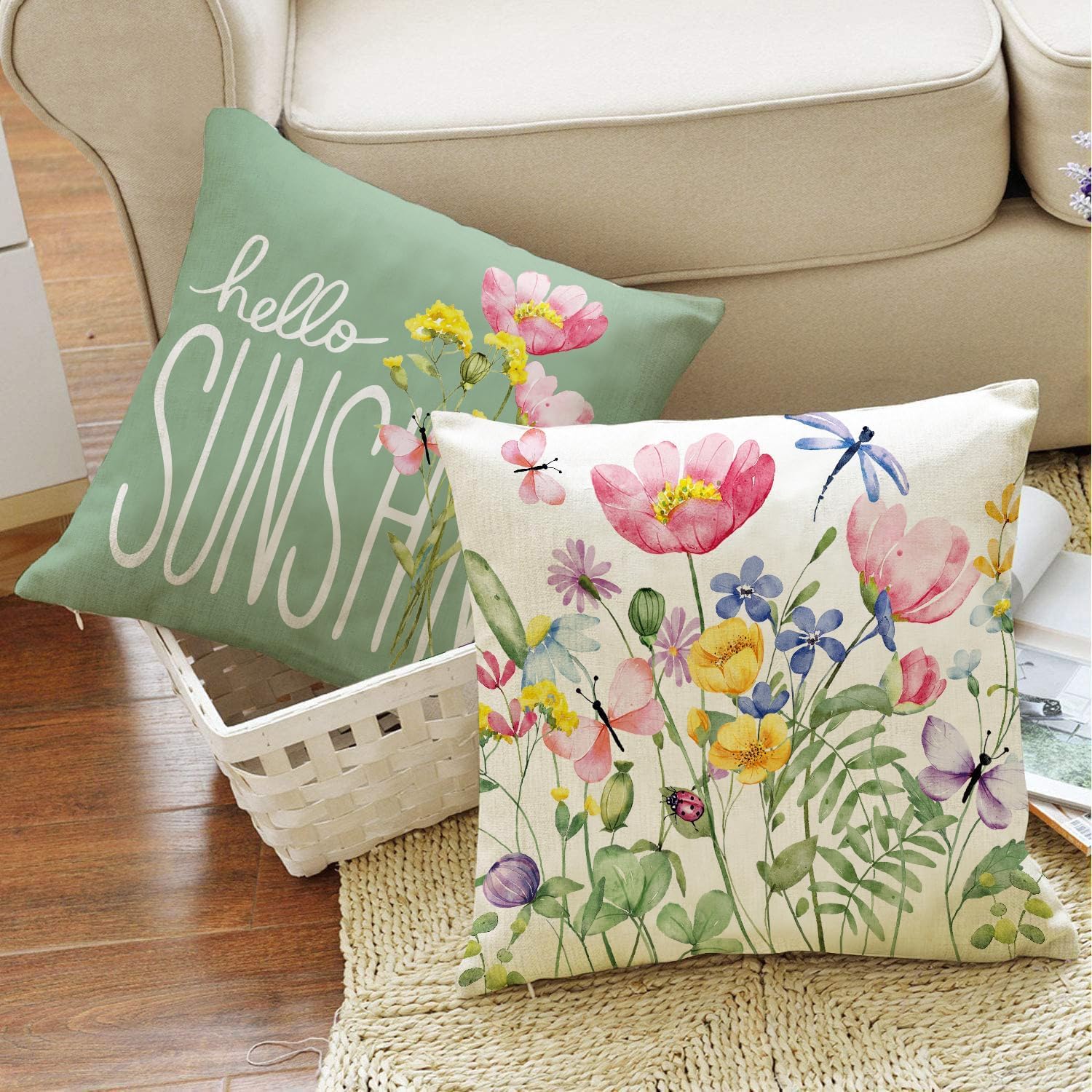 Outdoor Throw Pillow Covers 18x18 Set of 4 Spring Summer Garden Flowers Farmhouse Patio Decorative Cushion Covers Home Decor Couch for Sofa Bedroom Livingroom thumbnail