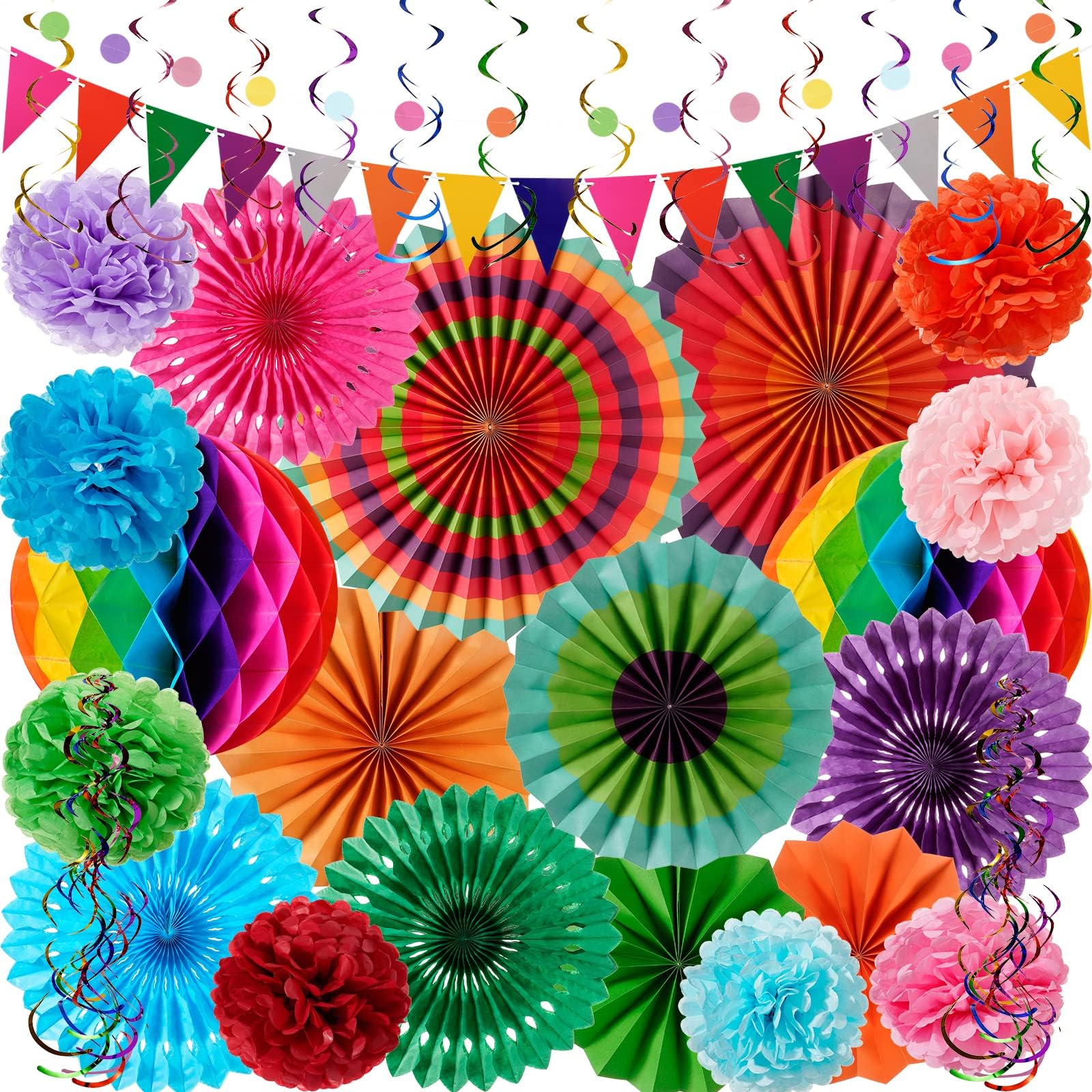 SCIONE Party Decorations 36 Pcs Multi-color Hanging Paper Fans, Pom Poms Flowers, Garlands String Polka Dot and Triangle Bunting Flags for Birthday Fiesta Party