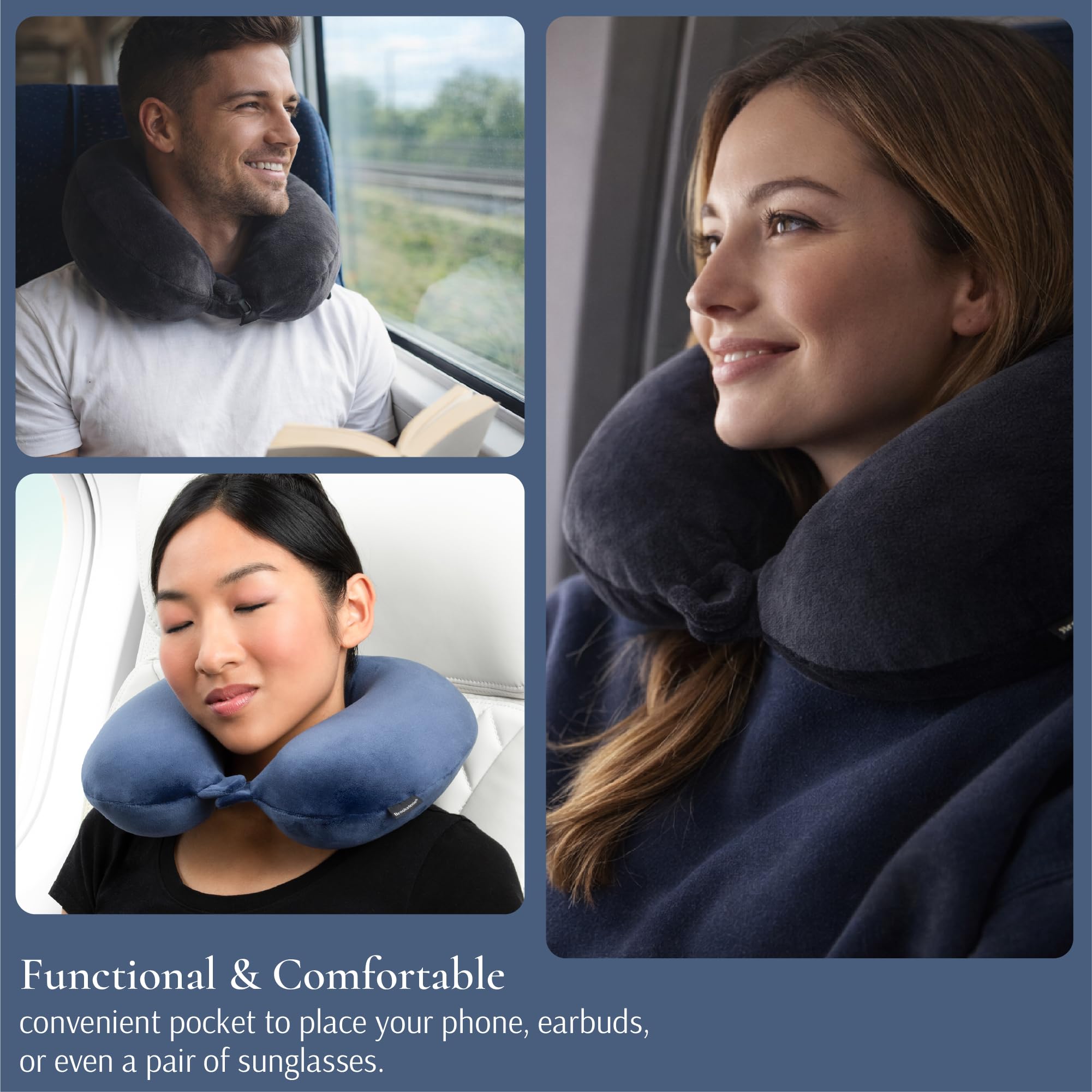 Brookstone Oreiller Cervical de Voyage en Mousse à mémoire de Forme pour Vacances, Avion, Train, Bus et Voiture, Bleu