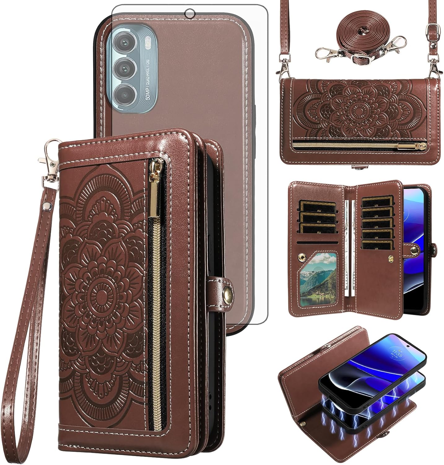 Asuwish Phone Case for Motorola Moto G Stylus 5G 2022 Zipper Wallet Cell Cover with Tempered Glass Screen Protector Crossbody Wrist Strap Flower Flip Card Holder XT2215-1 XT2215-4 XT2215DL Women Brown