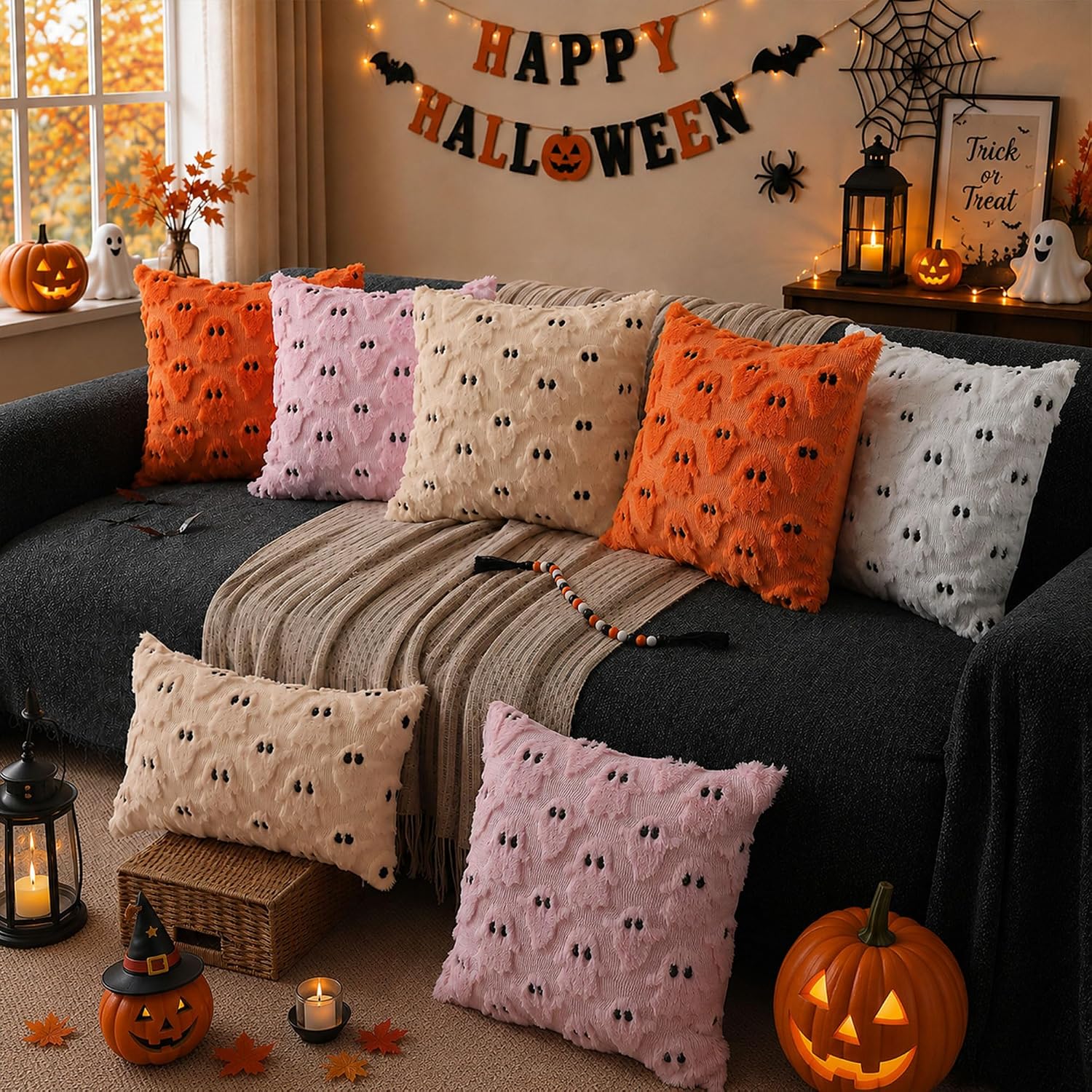 DFXSZ Halloween Pillow Covers 12x20 Beige Ghost Plush Halloween Decor095B12