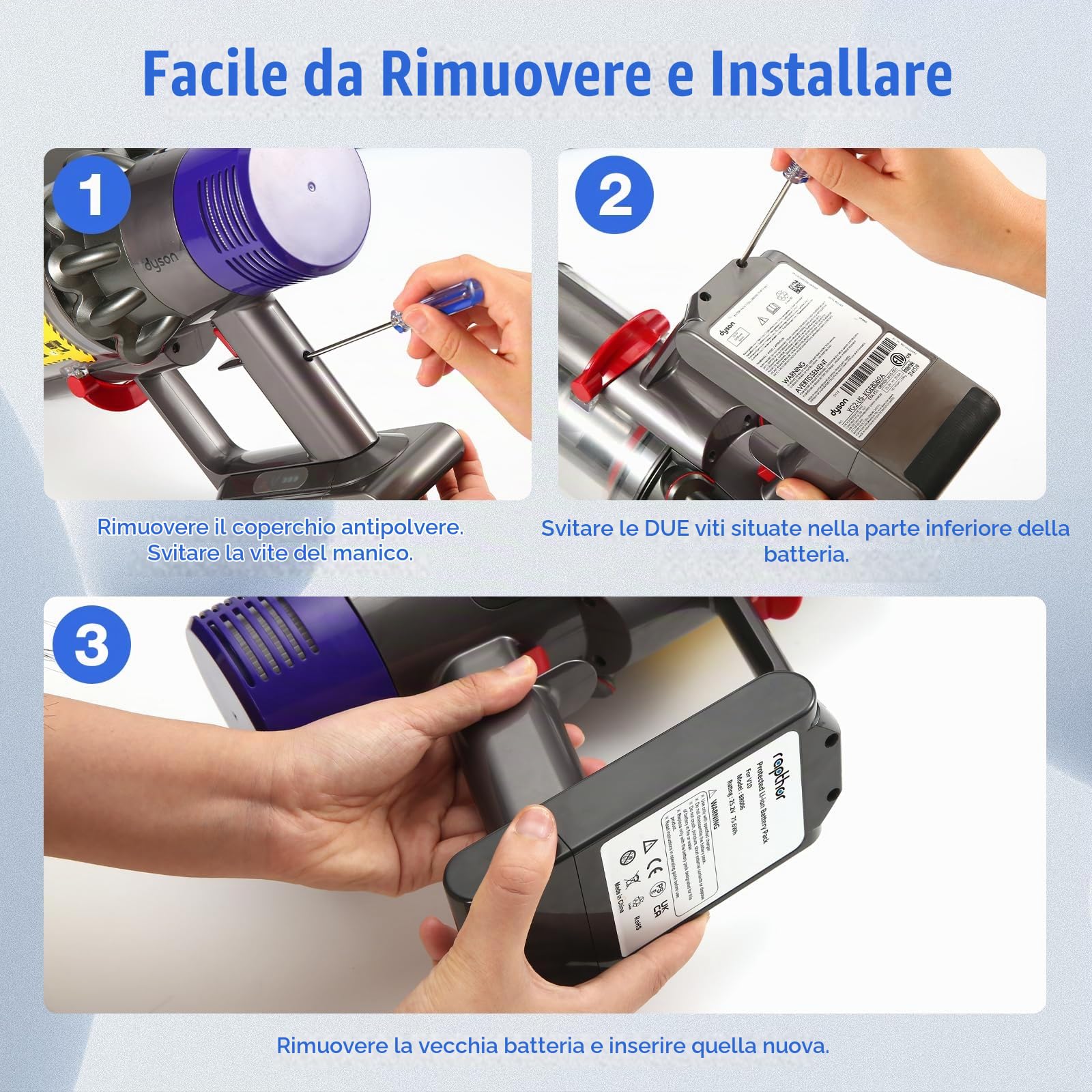 Rapthor V10, batteria sostitutiva per Dyson V10, 75,6 Wh 25,2 V SV12, compatibile con V10 Absolute, V10 Animal, V10 Total Clean, V10 Cyclone Series Aspirapolvere (non per V10 Digital Slim Fluffy)