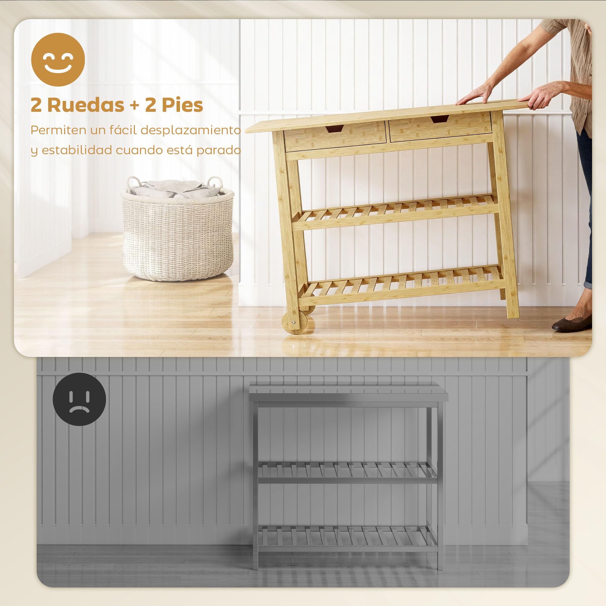 HOMCOM Carrito Auxiliar con Ruedas de Bambú, Carro de Servicio con 2 Cajones, 2 Estantes de Listones, 2 Ruedas, Carrito para Cocina, Restaurante, 100x43x75 cm, Natural