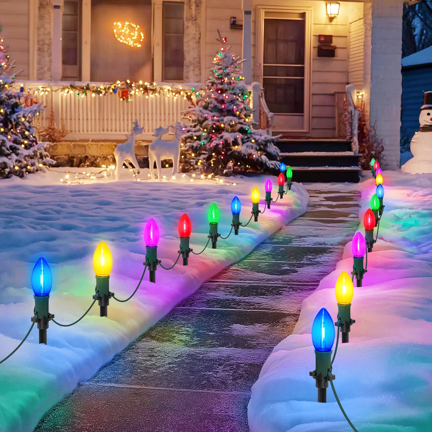 Lumières d'extérieur C9 guirlande multicolore 18,2 m avec piquets pour pelouse, trottoir et cour