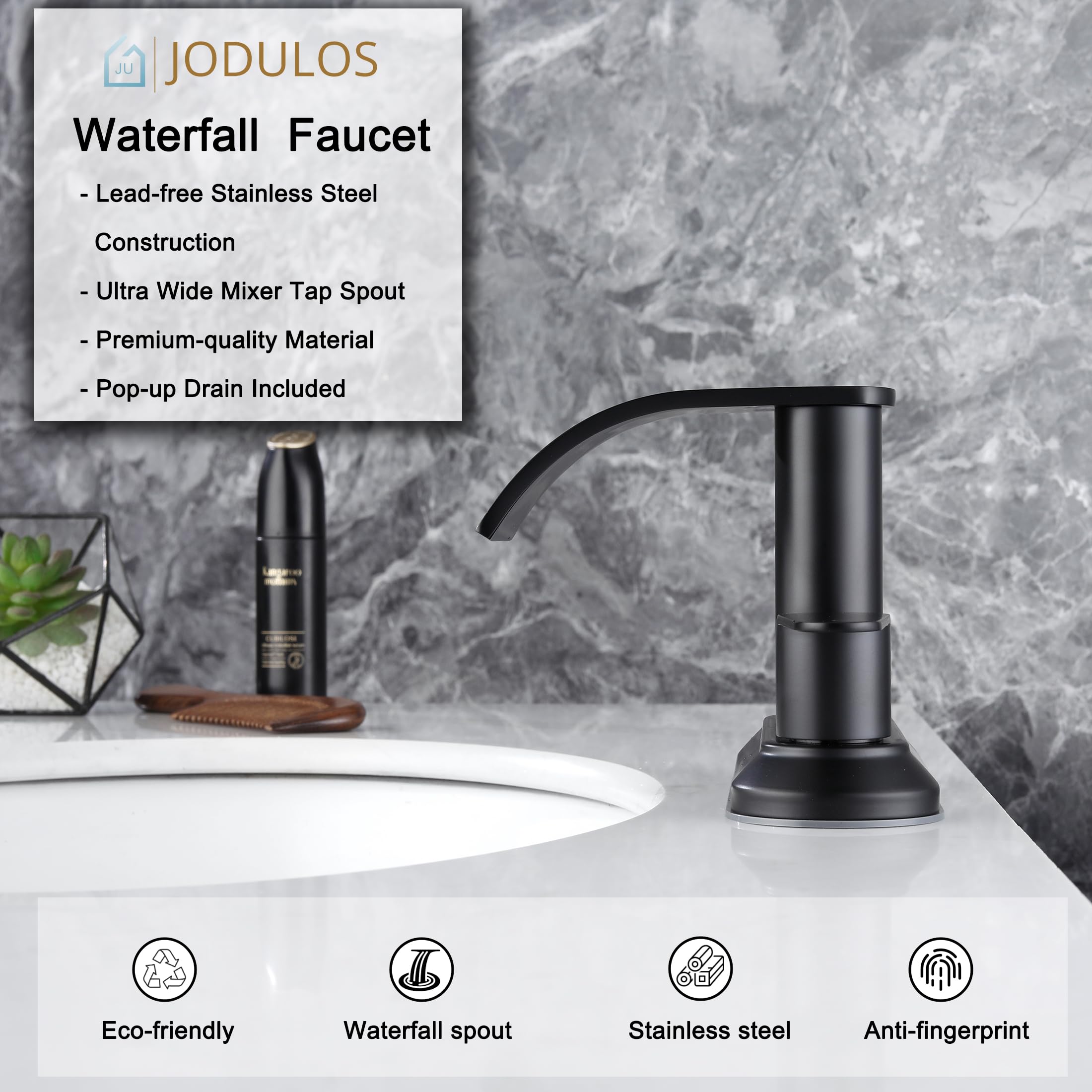 4 inch Centerset Bathroom Faucets Black Matte Jodulos 2 Handle Waterfall Bathroom Sink Faucet with Pop Up Drain — view 4