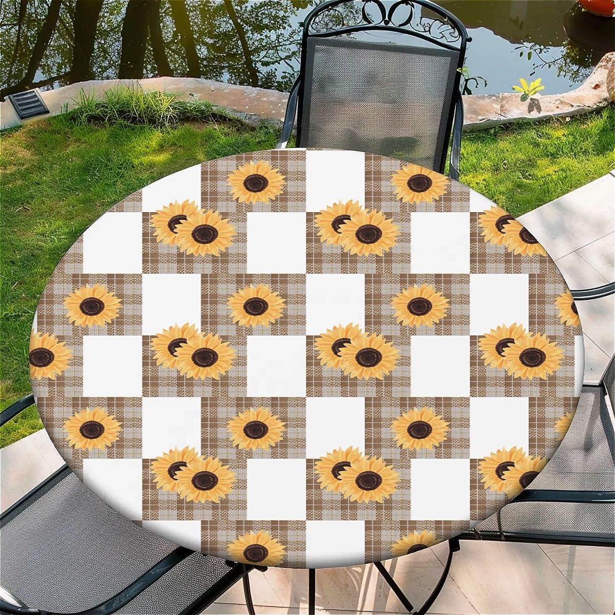 Outdoor Runde Tischdecke mit Gummizug Ø 36in(90cm)- Elastisch Garten tischdecke mitGestreifte Sonnenblumen Muster Passend für 75-85cm