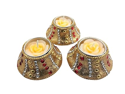EyeCa Fashion Set of 3 Reusable Designer Golden Color Tealight Candle Holder with Tealight Candles | Metallic Hand Crafted Diya with Tealight Candles for Home|Office|Spa|Casual Decoration (Set of 3)