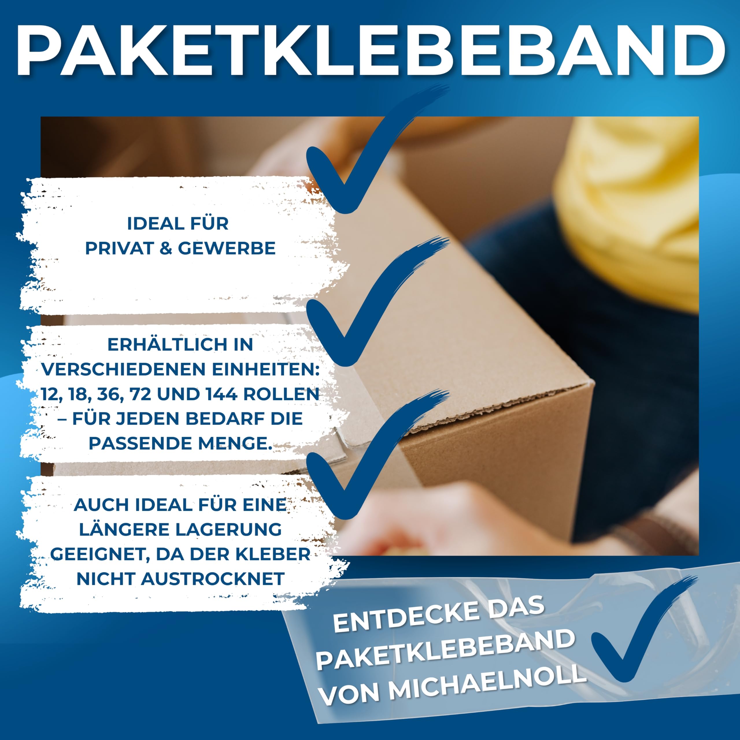 MichaelNoll Paketklebeband, Klebeband, Paketband, Packband für Lager, Versand, Transport und Verpacken von Paketen, transparent, durchsichtig, klar, farblos, 66 m x 48 mm (144, Transparent)