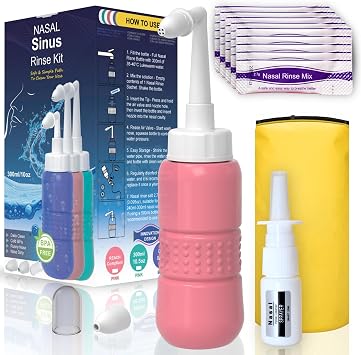 Sinus Rinse Kit with 40 Salt Packs, Sprayer-Bag - Neti Pots - Nasal Irrigation- BPA Free - Nasal Rinse Bottle for Sinus and Allergy Relief - Nose Wash,Pink