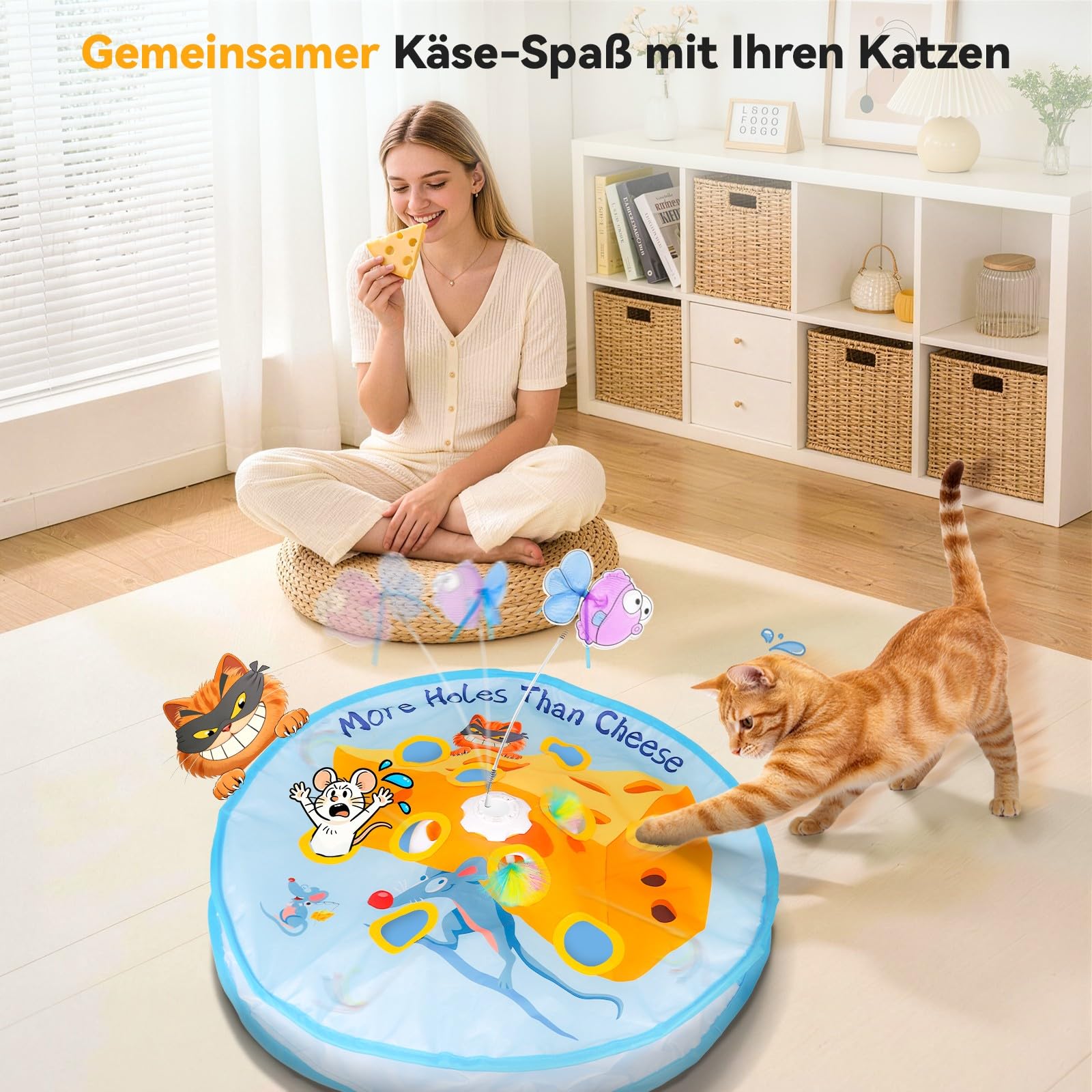 GoldenSun Katzenspielzeug, 5-in-1 Interaktives Katzenspielzeug für Wohnungskatzen, Automatisches Klopfspiel, Fliegender Fisch, Katzenangel und Bewegliche Feder