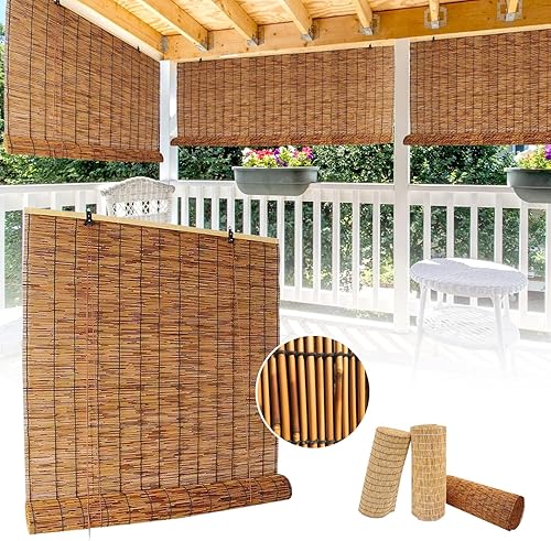 Persianas enrollables de bambú con levantador, protección solar, opacas, privacidad, transpirables, cortinas de caña café para interiores y
