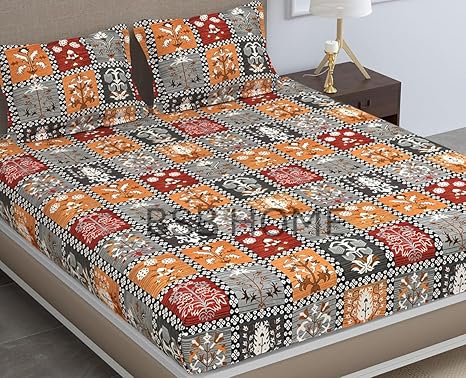 BSB HOME Pure Microfiber Jaipuri Rajasthani Print Bedsheet for Double with 2 Pillow Covers 144tc Breathable Wrinklfree Color - Grey & Red