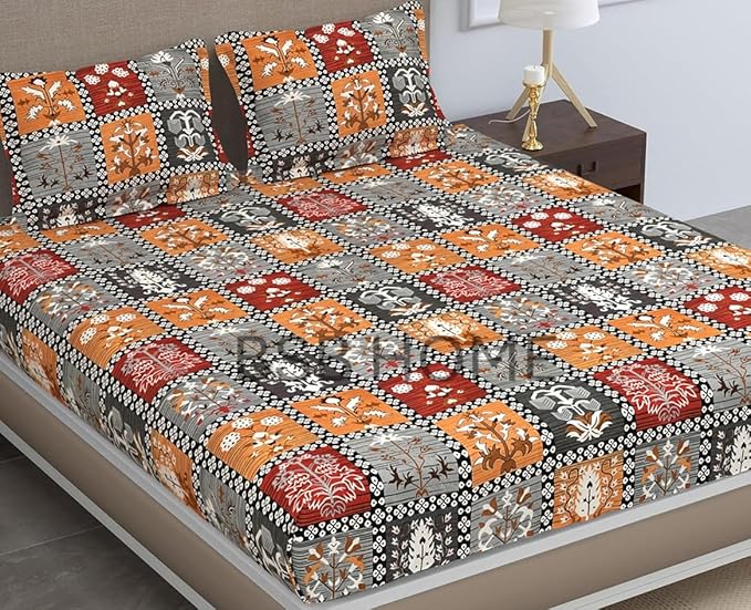 BSB HOME Pure Microfiber Jaipuri Rajasthani Print Bedsheet for Double with 2 Pillow Covers 144tc Breathable Wrinklfree Color - Grey & Red