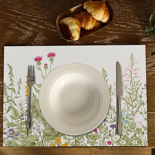 Miniatura 5 de Juego de 6 manteles individuales vintage con flores silvestres de 12 x 18 pulgadas, manteles individuales de tela de lino con plantas de jardín