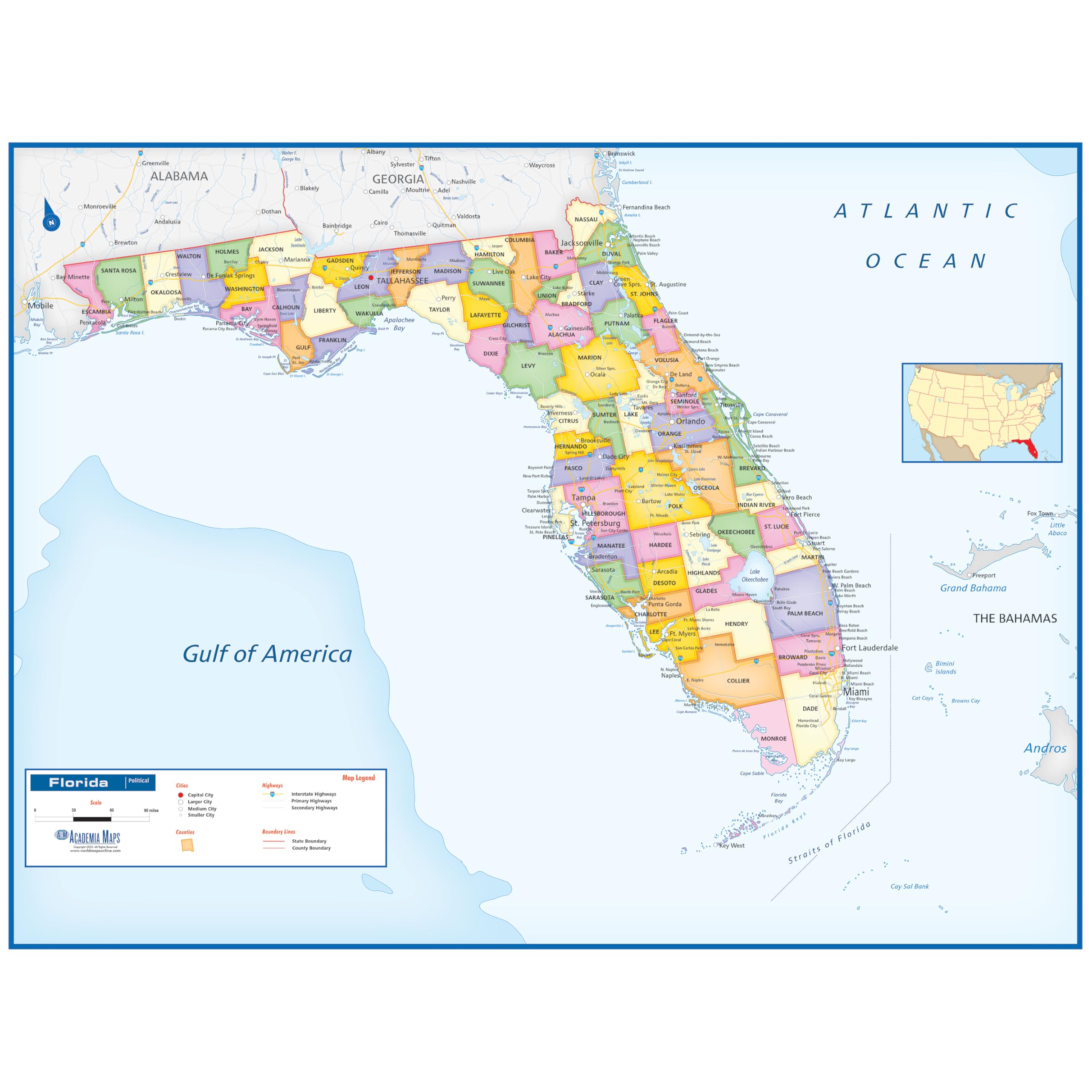 Academia Maps - Florida State Wall Map - Fully Laminated - Classroom Style 36" x 27"