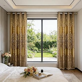 1 Panel Double-Layer European Curtain Grommet Top Floral Jacquard Voile Curtain Plus Gold Blackout Curtain Drape for Living Room Bedroom Balcony