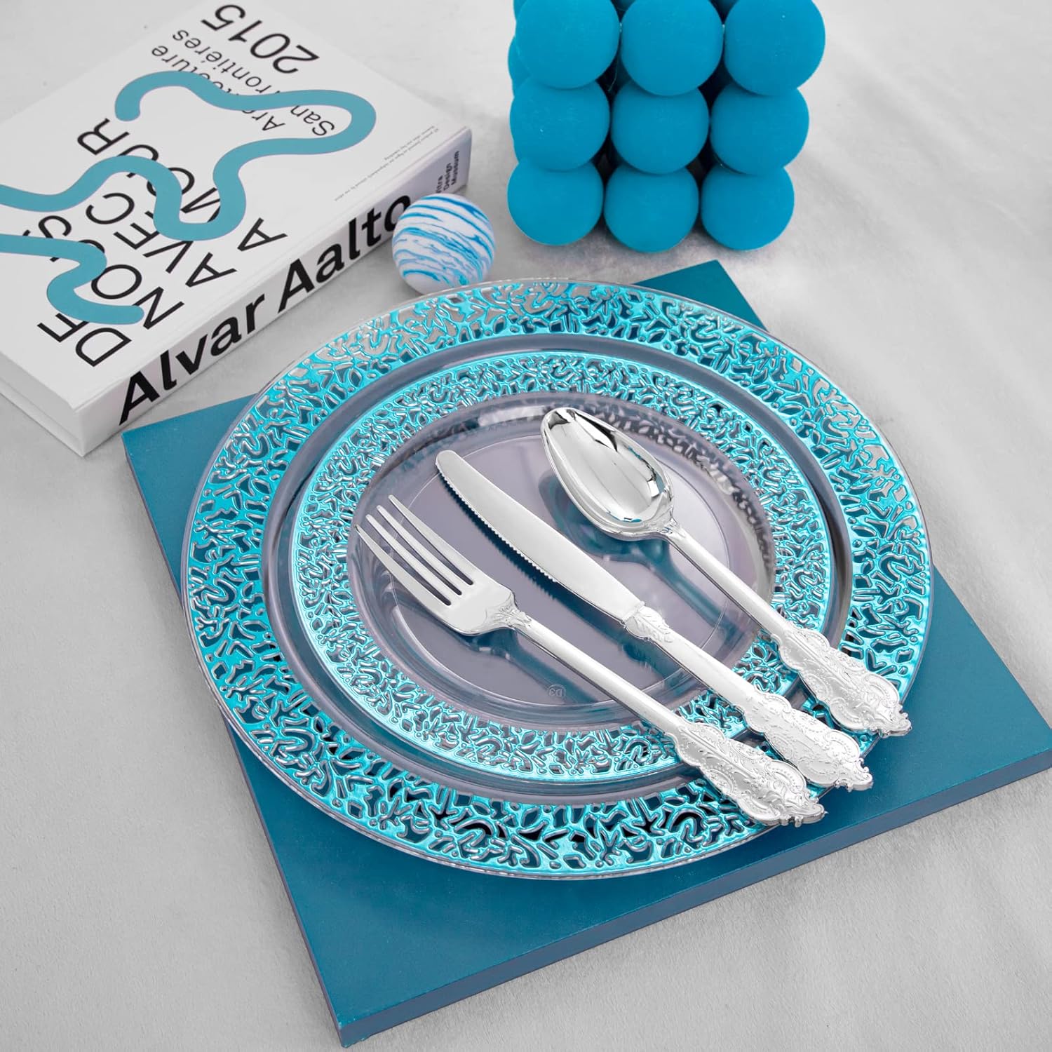 MirthMood 30 Guests Blue Plastic Plates with Disposable Silverware, Clear Blue Party & Wedding Dinnerware Include 30 Dinner Plates, 30 Dessert Plates, 30 Silver Cutlery for Weddings