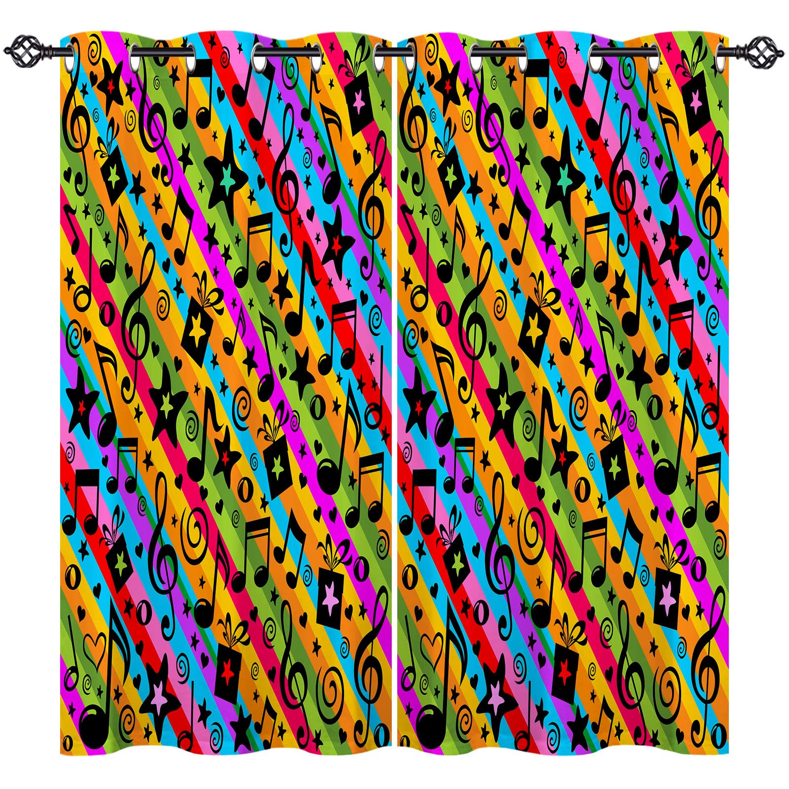 ANHOPE Colorful Music Curtains Eyelet Thermal Insulated Blackout Curtains Musical Notes Gift Box Stars Print Pattern Ring Top Drapes for Kids Girls Bedroom Living Room 30 x 63 Inch Drop 2 Panels — image 1