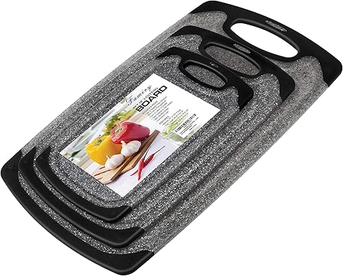 Miniatura 2 de Famiry Juego de 3 tablas de cortar reversibles, tabla de cortar de plástico para cocina, diseño antideslizante con mango de fácil agarre, ranuras