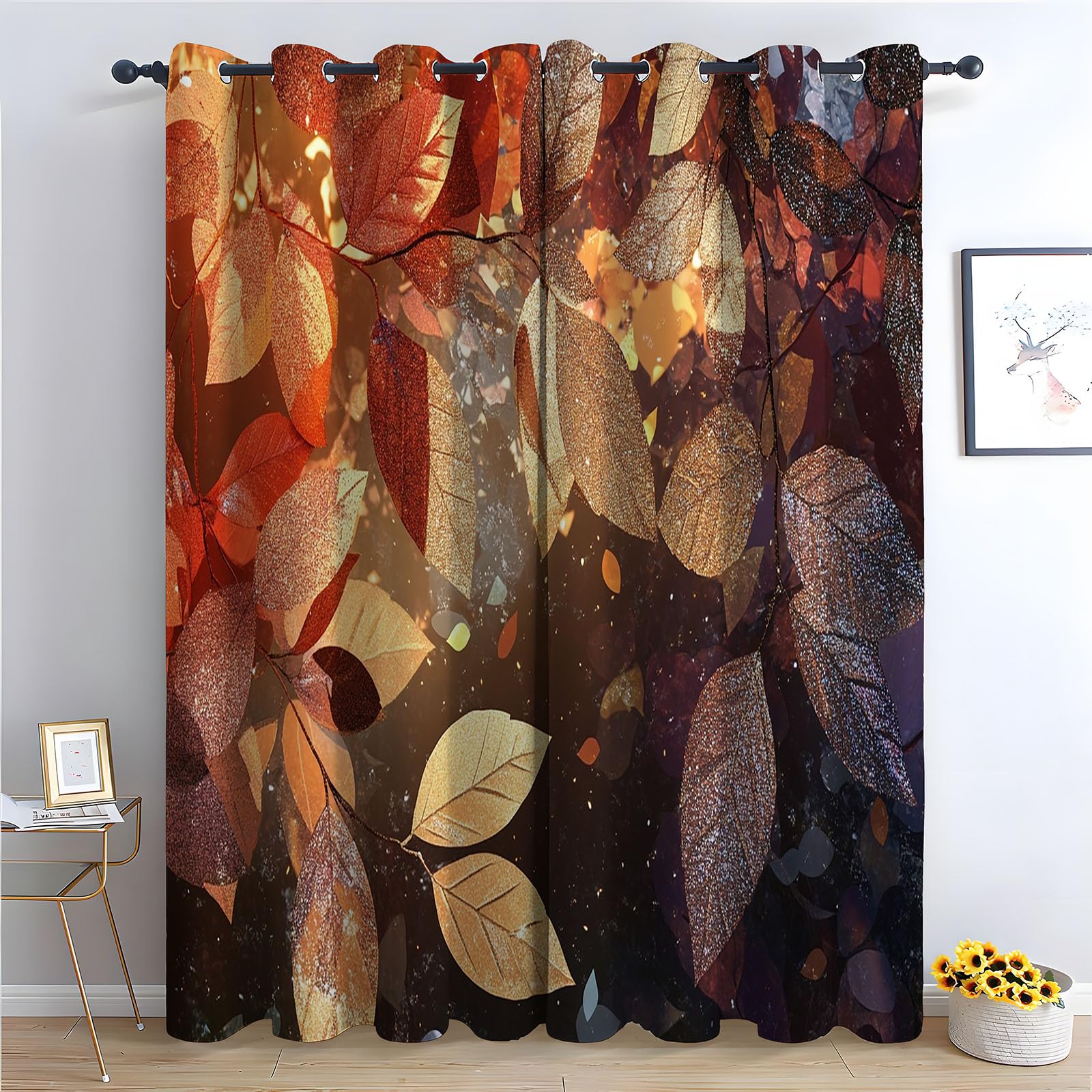Rideau occultant bleu vintage 130x230 cm à œillets avec motifs feuilles