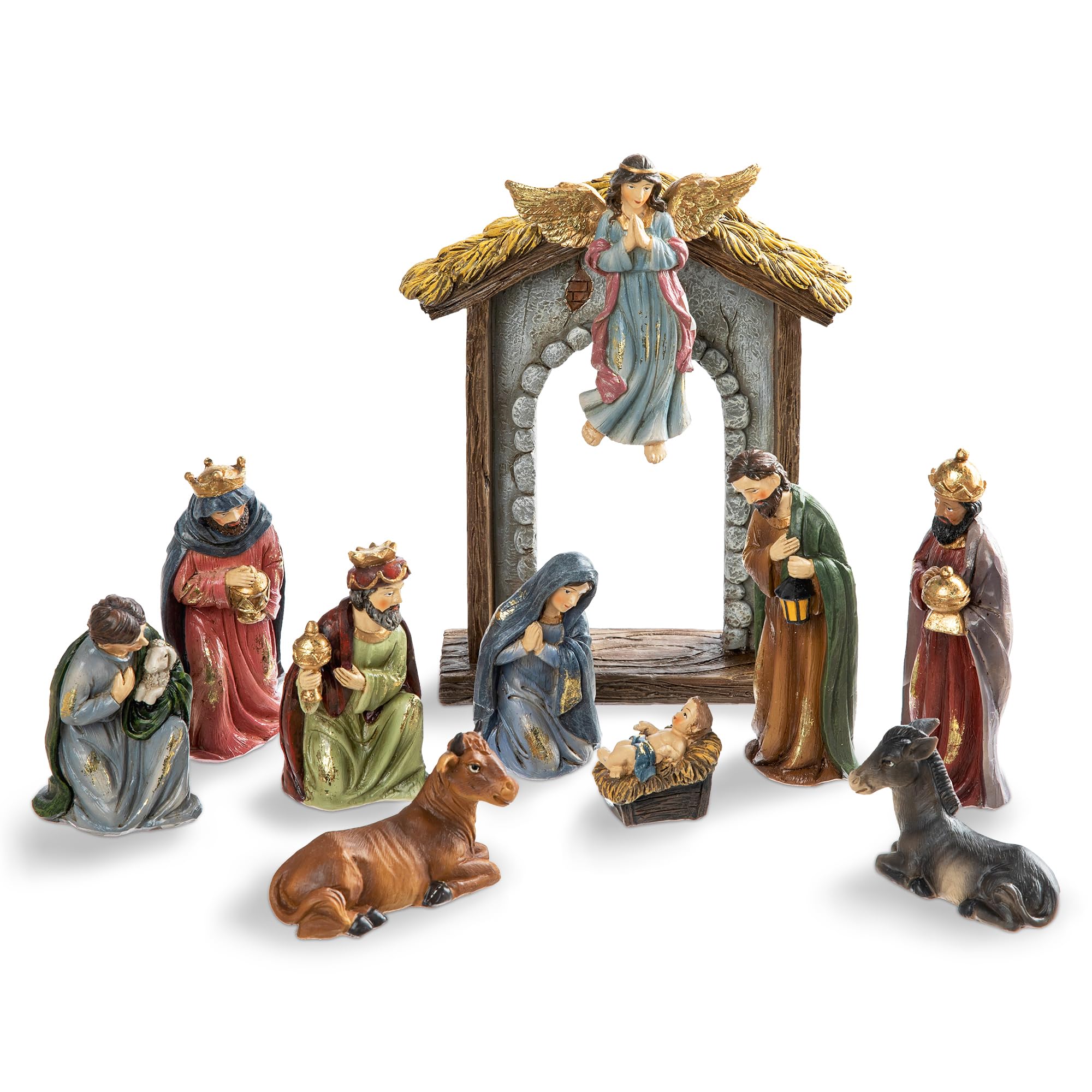 Glitzhome Christmas Nativity Set Indoor 8" Resin Nativity Figurines Set 11 Pcs Removable Angel Statue Multi-Colored Nativity Sets &amp; Figures Christian Holy Family Figure with Baby Jesus