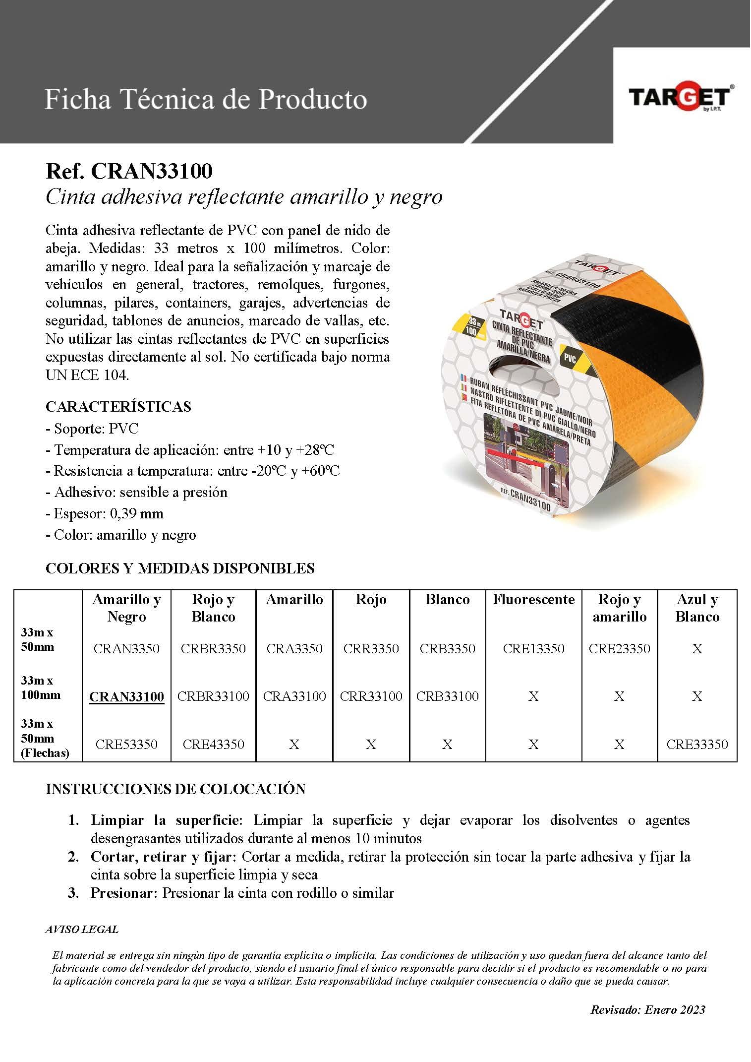 TARGET CRAN33100 - Cinta Reflectante - Amarilla y Negra 33 M x 100 mm - Adhesiva - Advertencia - Señalización - Marcaje - Extra Ancha - Peligro - Seguridad