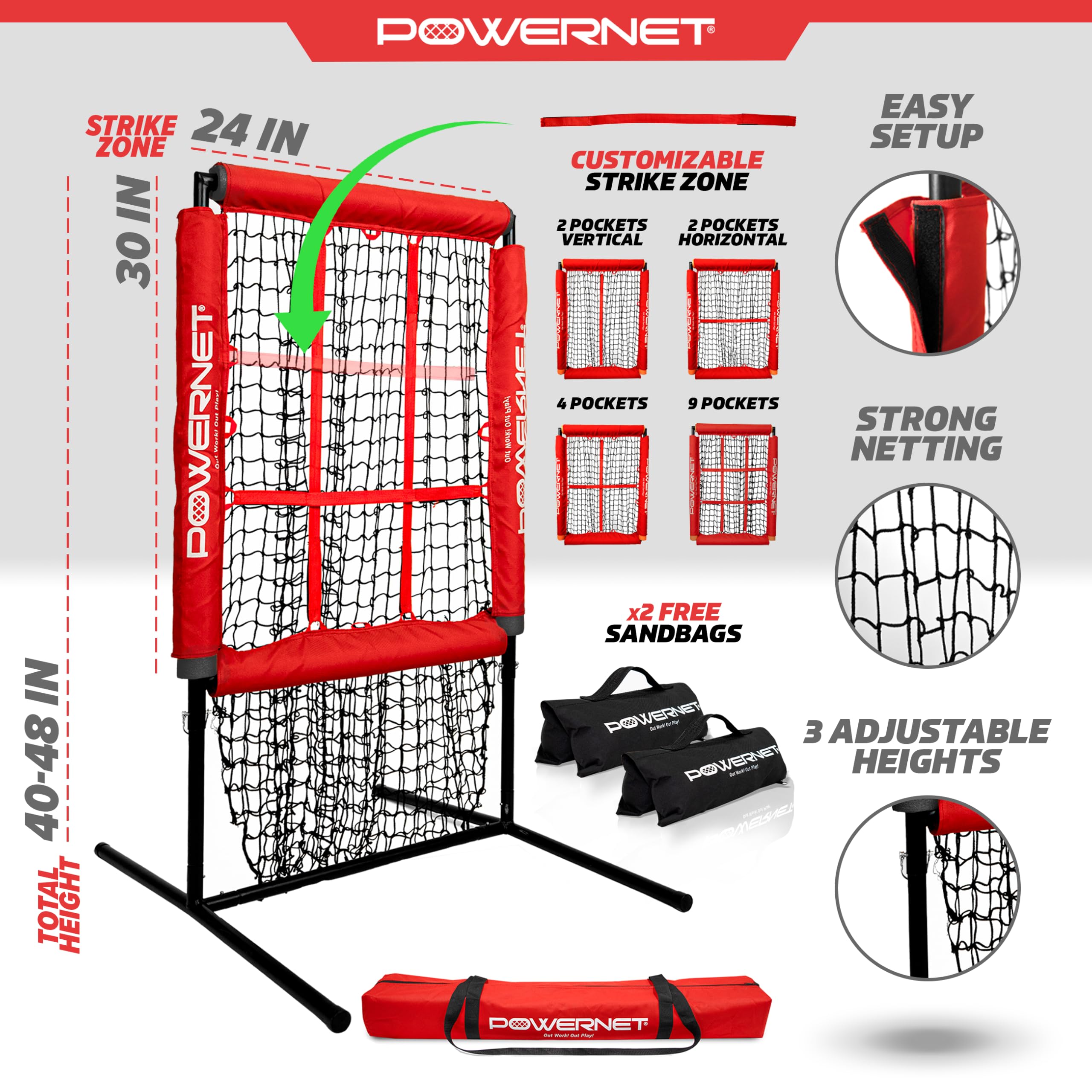 PowerNet Pitching Zone Pro Strike Zone Softball & Baseball Net, Portable Pitching Net with Targets, Includes Sandbags & Carry Bag