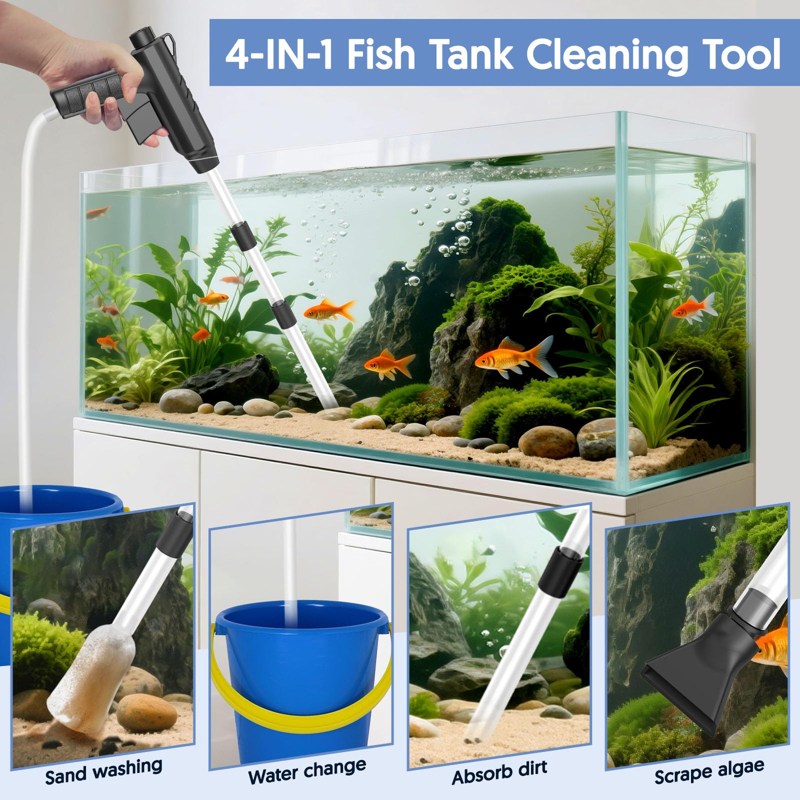 QZQ Fish Tank Syphon Cleaning Kit For Aquarium Powerful Suction Fish Tank Siphon 4-in-1 With Water Flow Adjustment Water Changer And Gravel Cleaner For Fish Tank Aquarium Cleaning Kit - Image 2