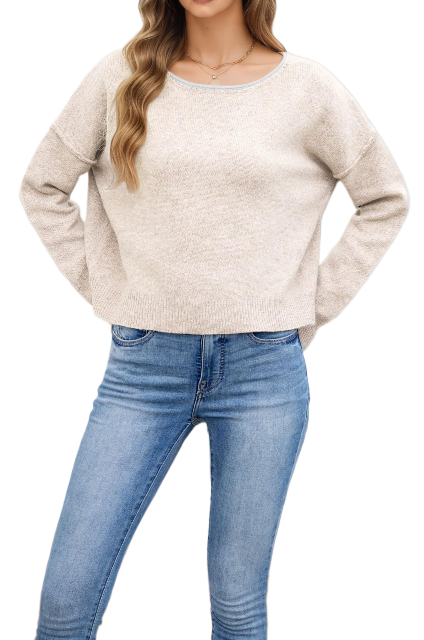 Womens Fall Long Sleeve Sweaters Contrast Crew Neck Solid Color Knit Casual Oversized Pullover Sweater Tops