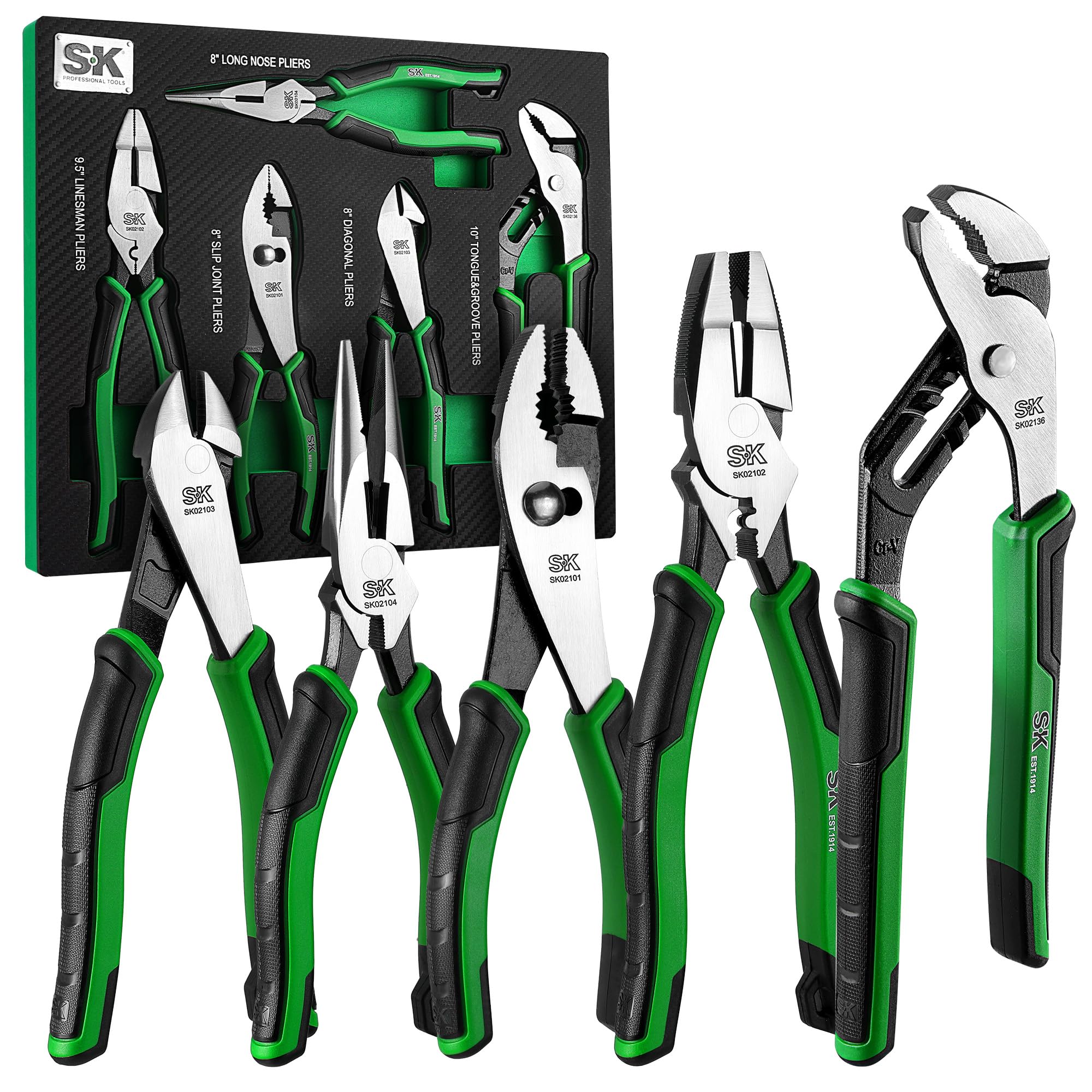 SK 5-Piece Pliers Set, 8" Long Nose, 9.5" Linesman, 8" Slip Joint, 8" Diagonal, and 10" Groove Joint, with EVA Foam Tool Organizer