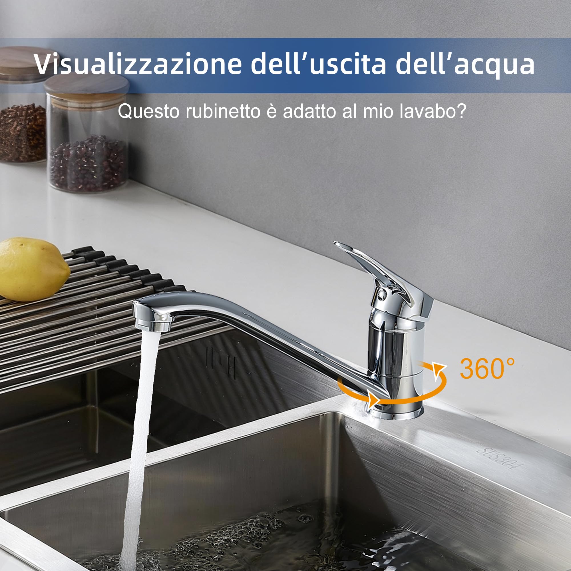 BELZ Rubinetto Lavello Cucina, Miscelatore Cucina Monocomando Girevole 360°, Rubinetti Cucina con Cartuccia in Ceramica & Tubo da 60cm, Ottone Cromato Anti-Corrosione per Spüle Cucina