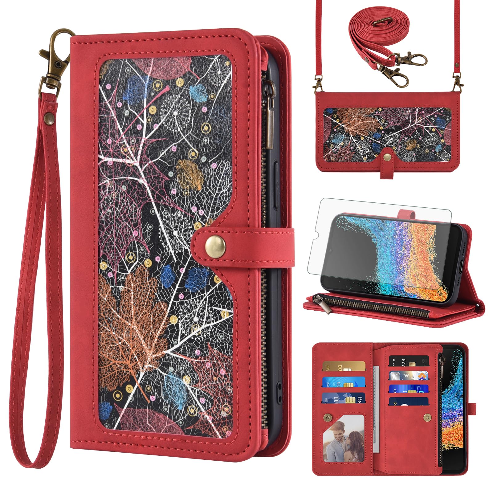 Asuwish Handyhülle für Samsung Galaxy Xcover 6 Pro Hülle mit Band Folie Schutzfolie Kartenfach Klappbar Leder Geldbörse Ständer X Cover 6Pro Handy Hüllen Schutzhülle Reißverschluss Phone Case Rot