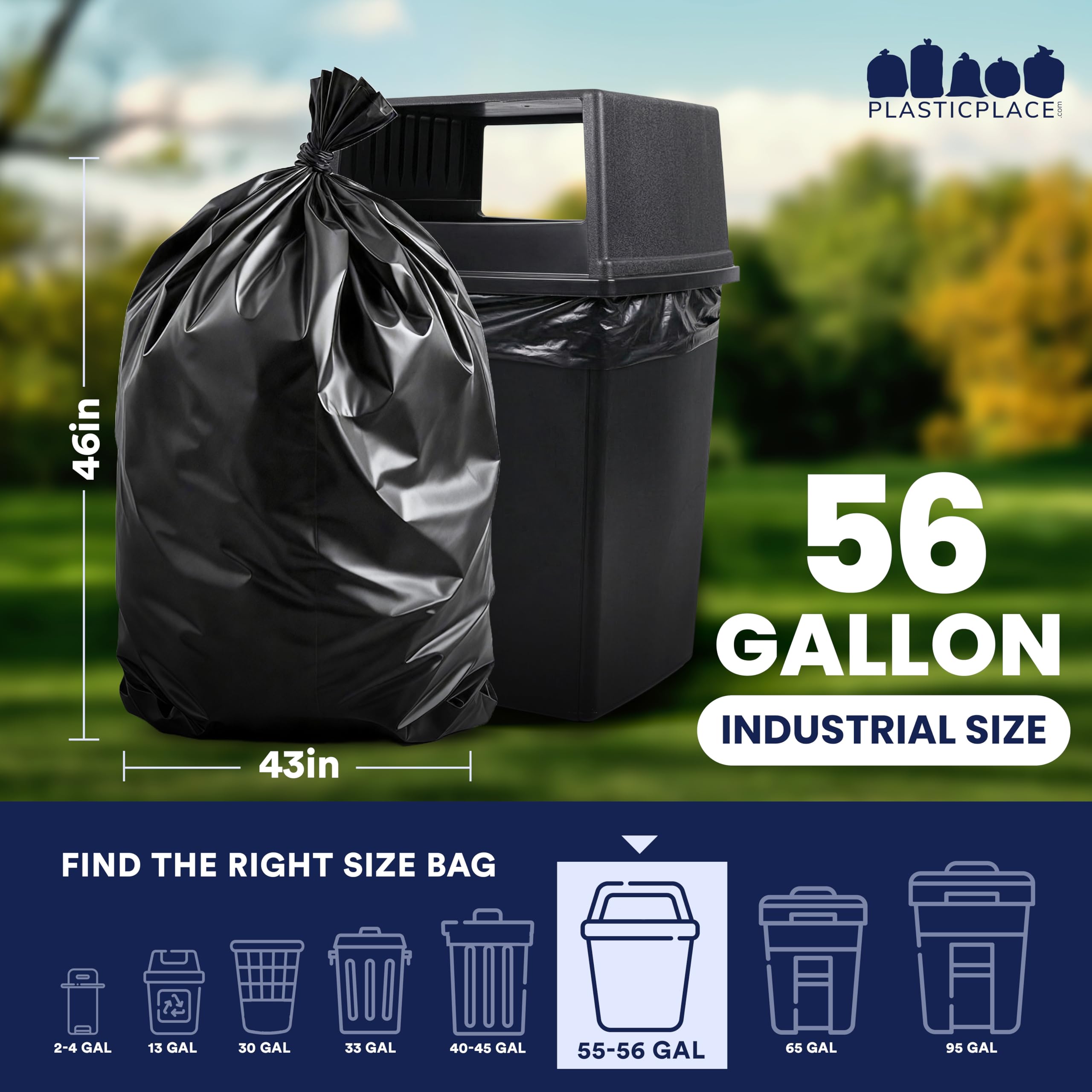 Plasticplace Bolsas de basura Glutton de 56 galones, 2.4 mil, 43 pulgadas de ancho x 46 de alto, negras, 50 unidades por caja Plasticplace