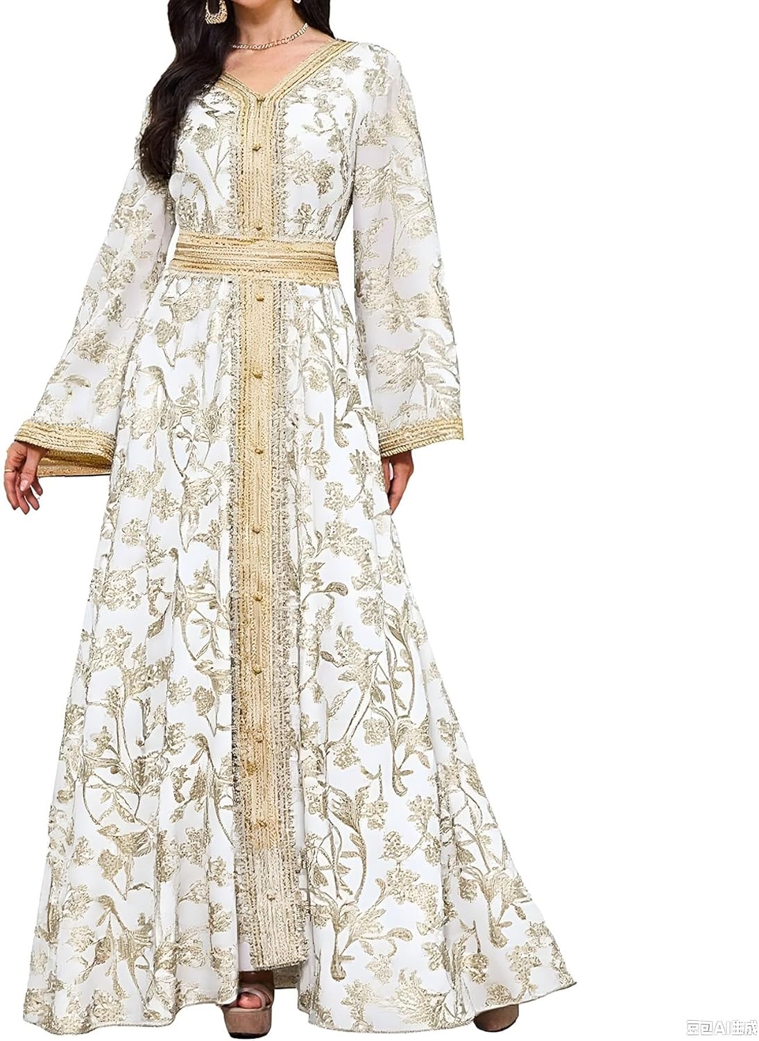 Abaya Muslim Dress for Women V Neck Belted Embroidered Floral Maxi Kaftan Islamic Dubai Arabian Evening Dress