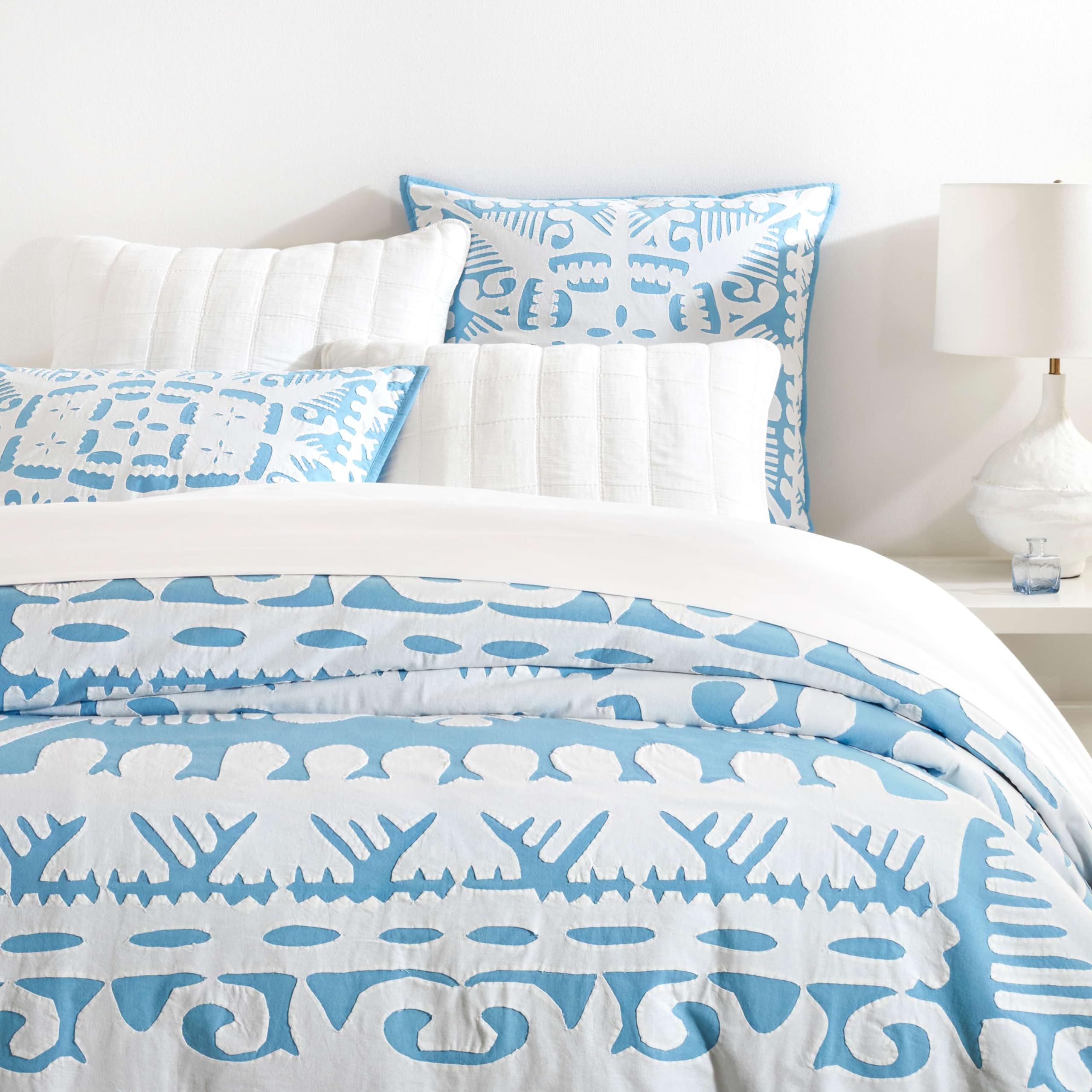 Pine Cone Hill x Kit Kemp Knight Wood Cutwork Lapis Coverlet, Full/Queen Size, Blue Graphic Pattern