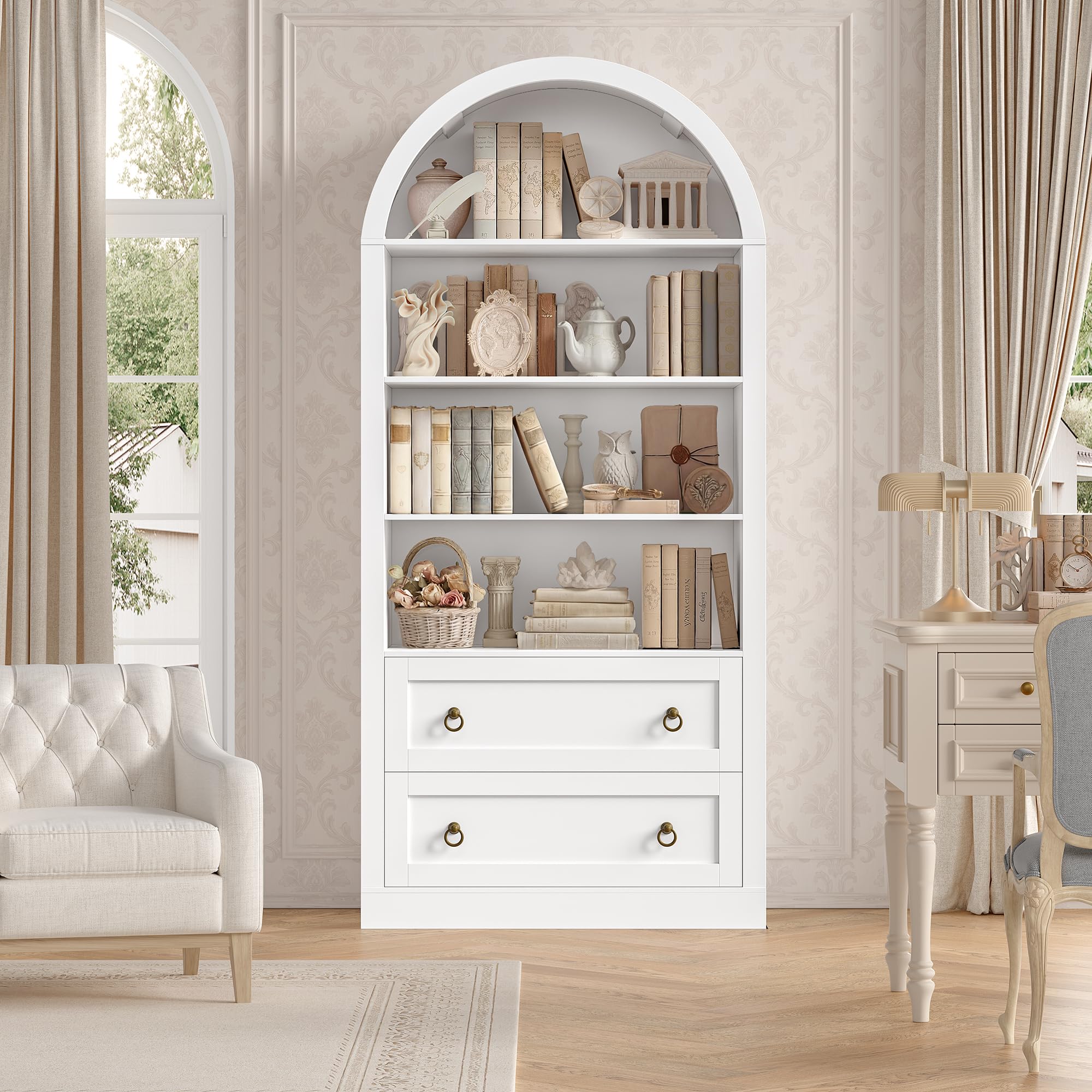 FirFurd 177 cm Libreria Verticale, Libreria ad Arco a 2 Cassetti, Vetrina Espositiva con 4 Scomparti Aperti, Scaffale ad Arco, per Soggiorno, Studio, Ufficio, Cucina, 79,5x36x177 cm (Bianco)