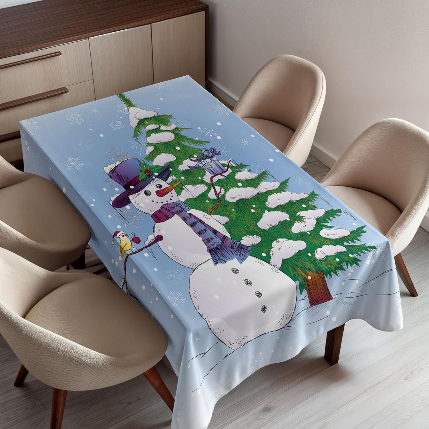 Ambesonne Christmas Tablecloth, Snowman in The Winter with Mistletoe Present Top Hat and Scarf Tree and Bird, Rectangular Table Cover for Dining Room Kitchen Decor, 60" X 90", Green and Blue