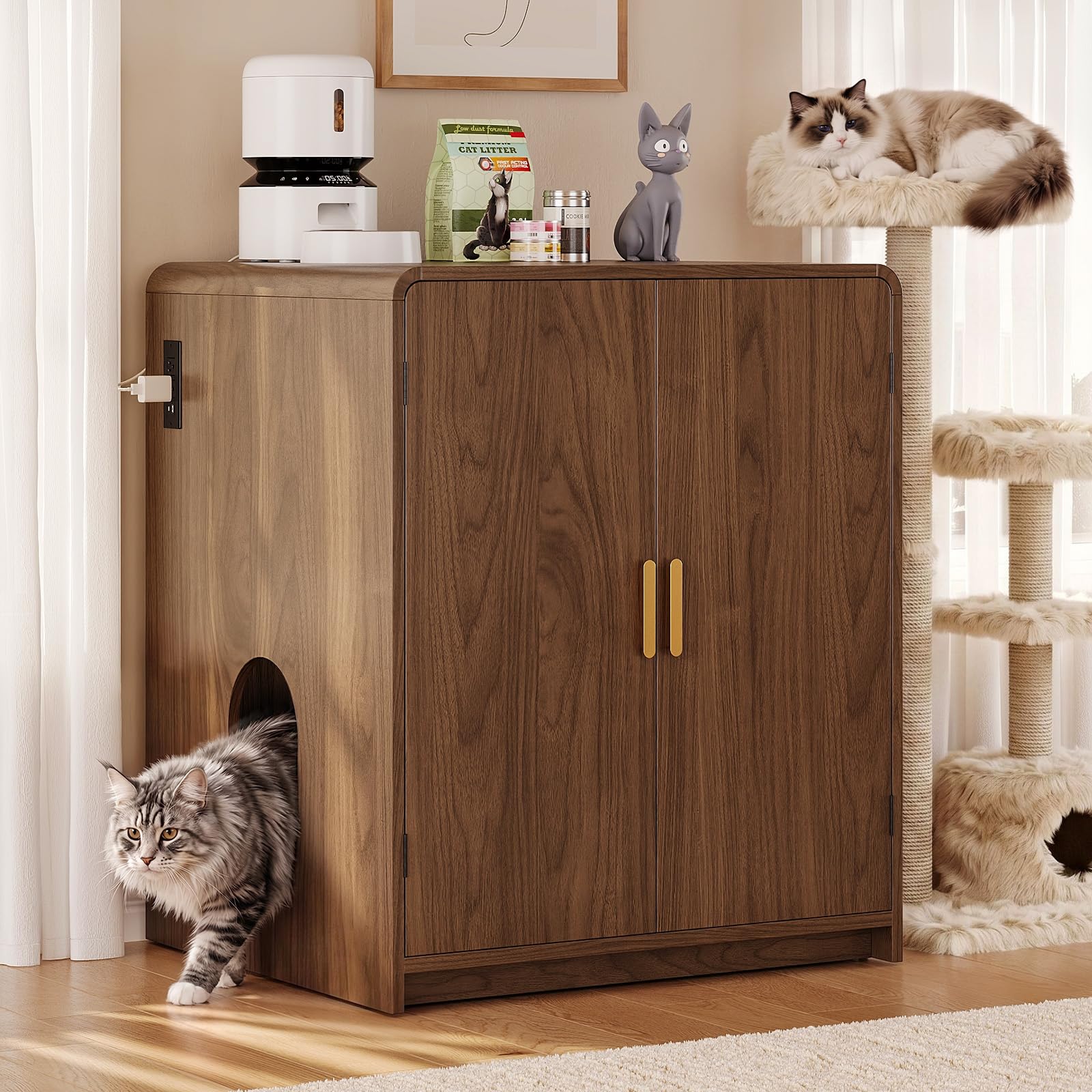 ONBRILL 35" Cat Litter Box Enclosure for Self Cleaning Litter Box, Walnut