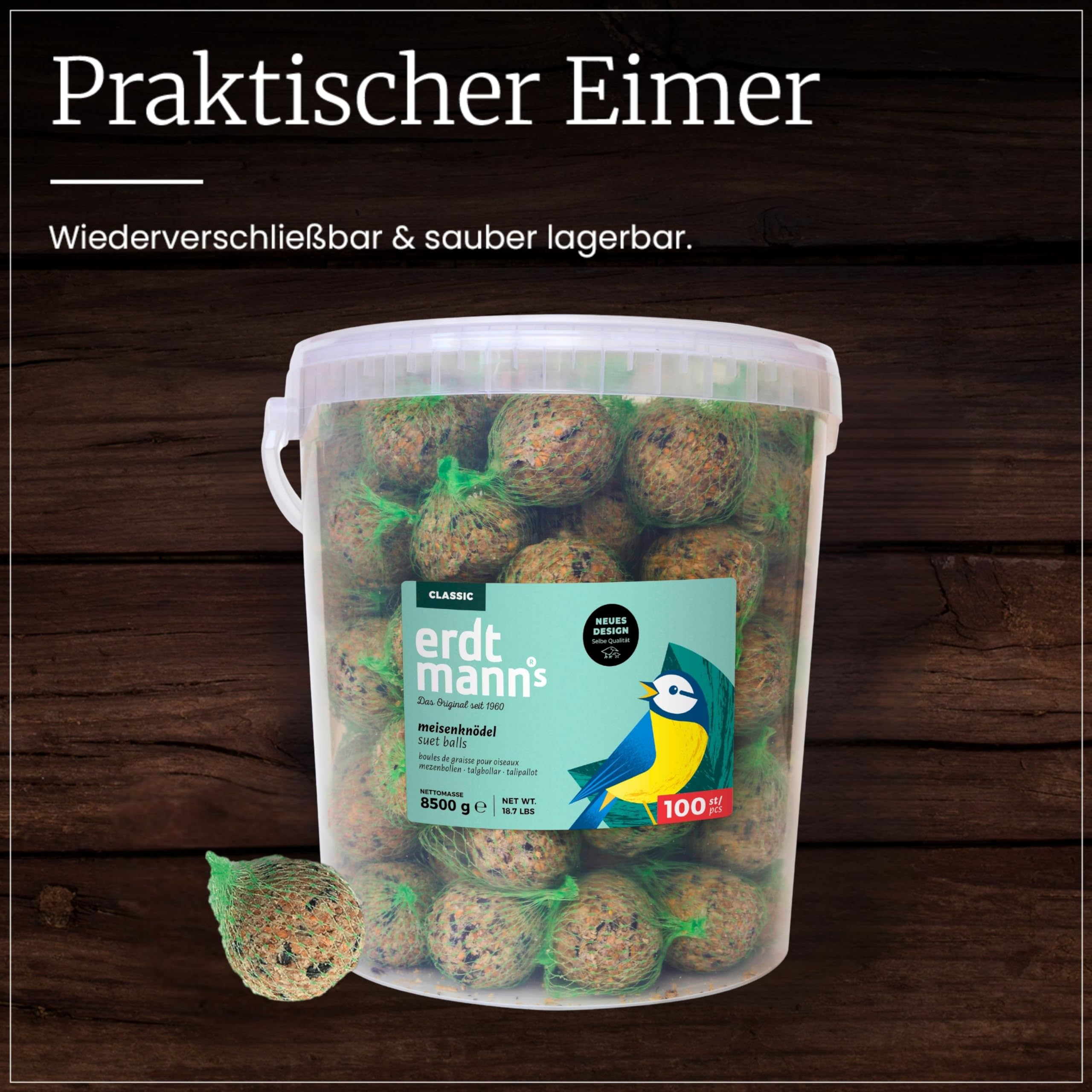 Erdtmanns Meisenknödel mit Netz 100 Stück im Eimer – Wildvogelfutter mit Getreideflocken & Sonnenblumenkernen – für Ganzjahresfütterung – geeignet für Meisen & Co. – wiederverwendbar