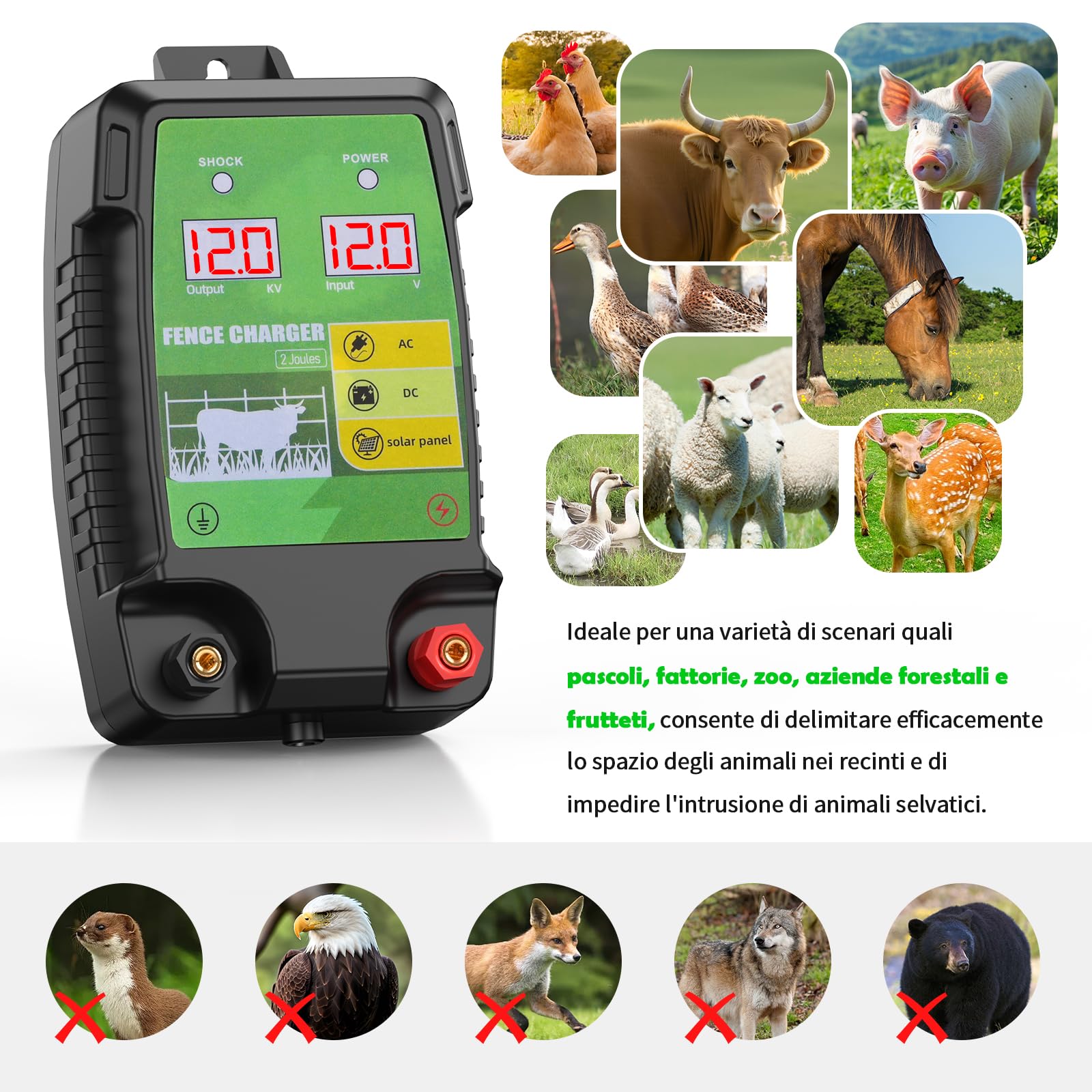 12KM Elettrificatore per Recinzione Elettrica, 12 kV 3,0 J Tensione di Uscita Recinto Elettrico per Animali con Schermo LCD, Protezione per Cavalli, Pecore, Pascoli e Fattorie (Nero e verde)