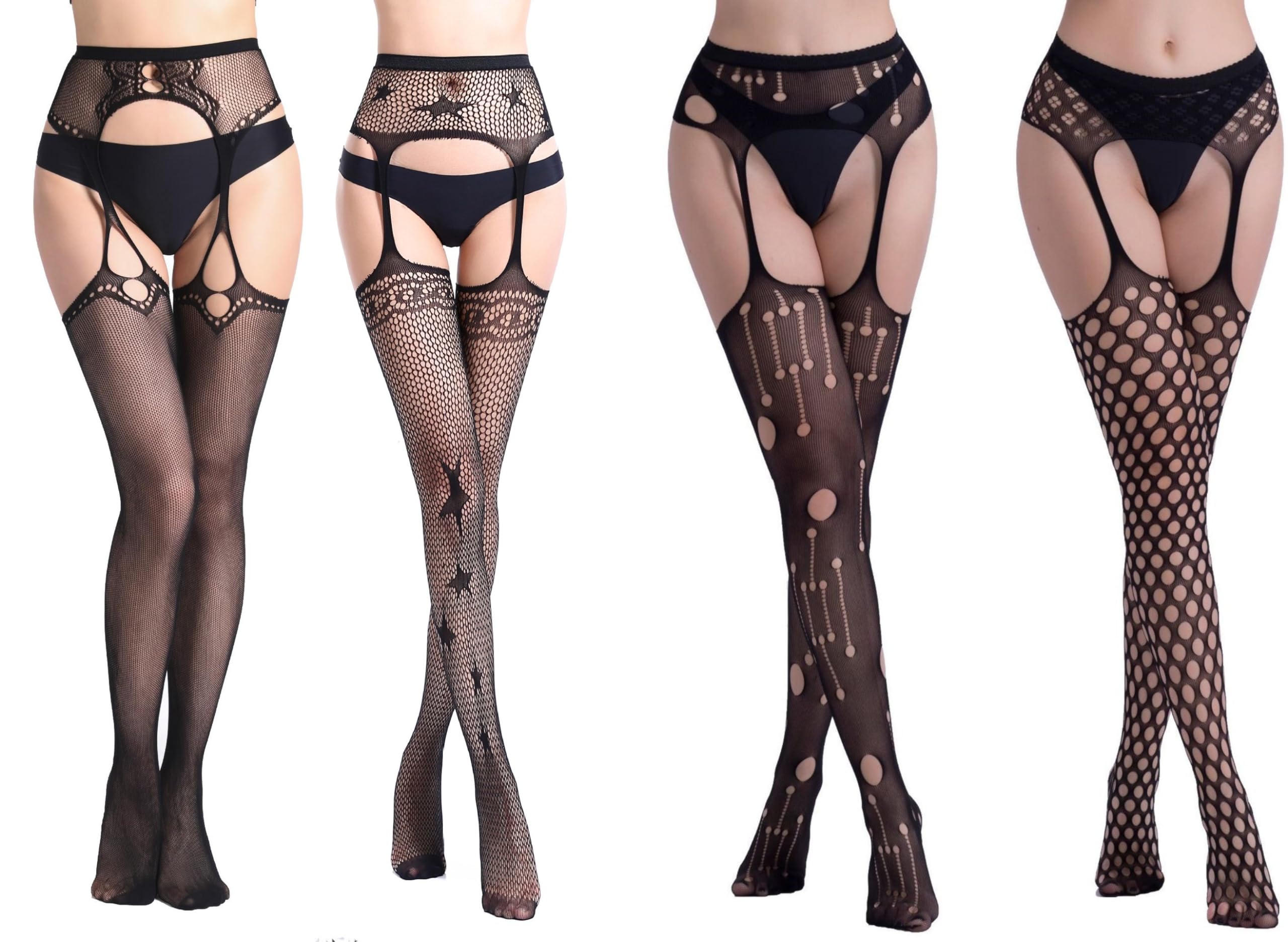 Ensemble de 4 Bas Sexy en Résille Noir avec Bretelles