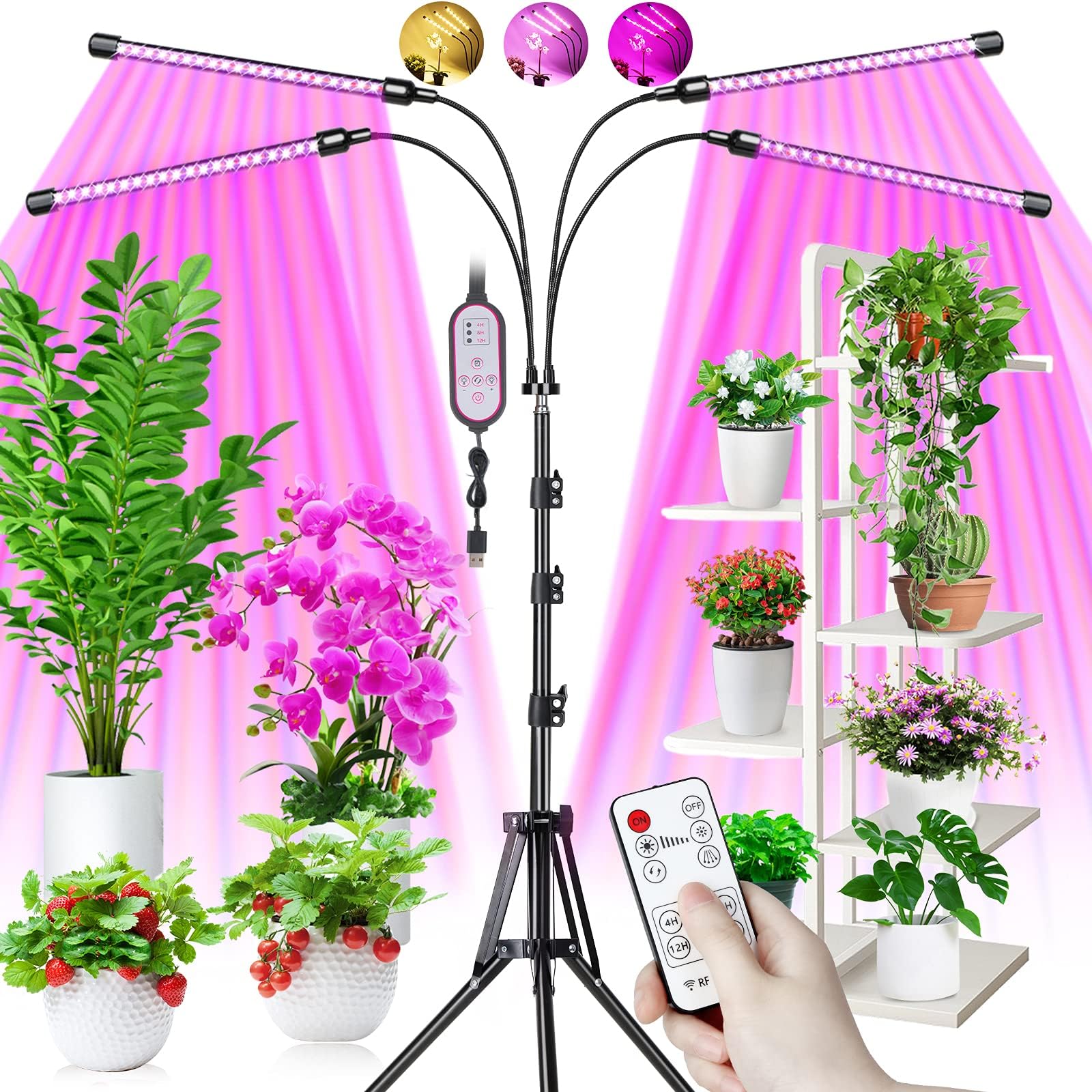 Lampe Croissance Plantes 4 Têtes Avec Clip - 80 LED Rouge/bleu - Minuterie 3/9/12h - 10 Niveaux De Luminosité