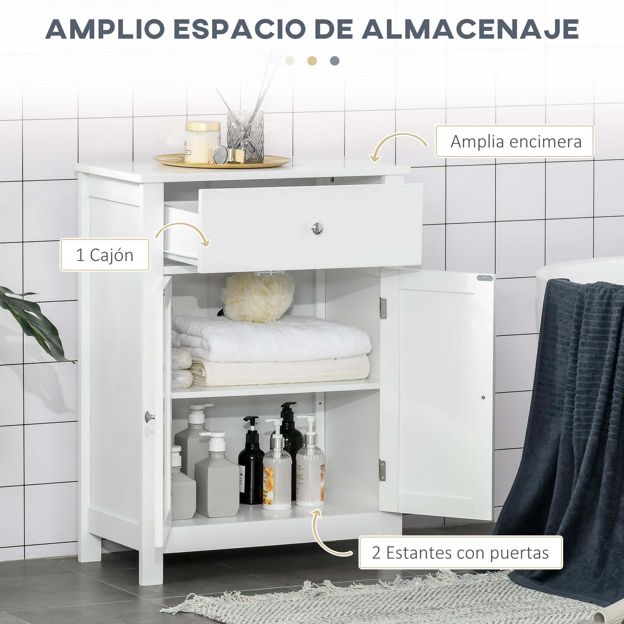 kleankin Armario de Baño de Almacenaje Multifuncional Mueble Auxiliar con 2 Puertas 1 Cajón y Estante Interior Ajustable Antivuelco para Cocina Salón 60x30x80 cm Blanco
