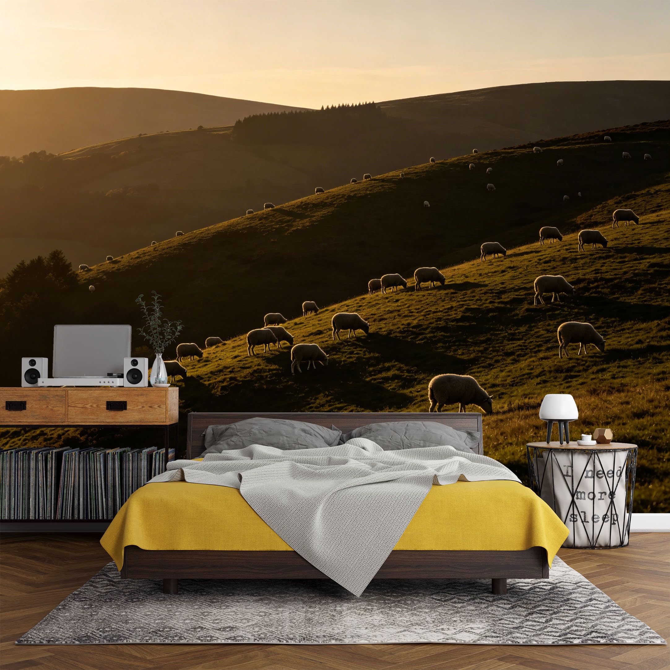 Custom Size Wall Mural， Farmhouse Sunset Hills Sheep Pasture Landscape Countryside，SelfAdhesive Art Prints wall Fabric (No PVC) Removable Wallpaper Living Room Decor