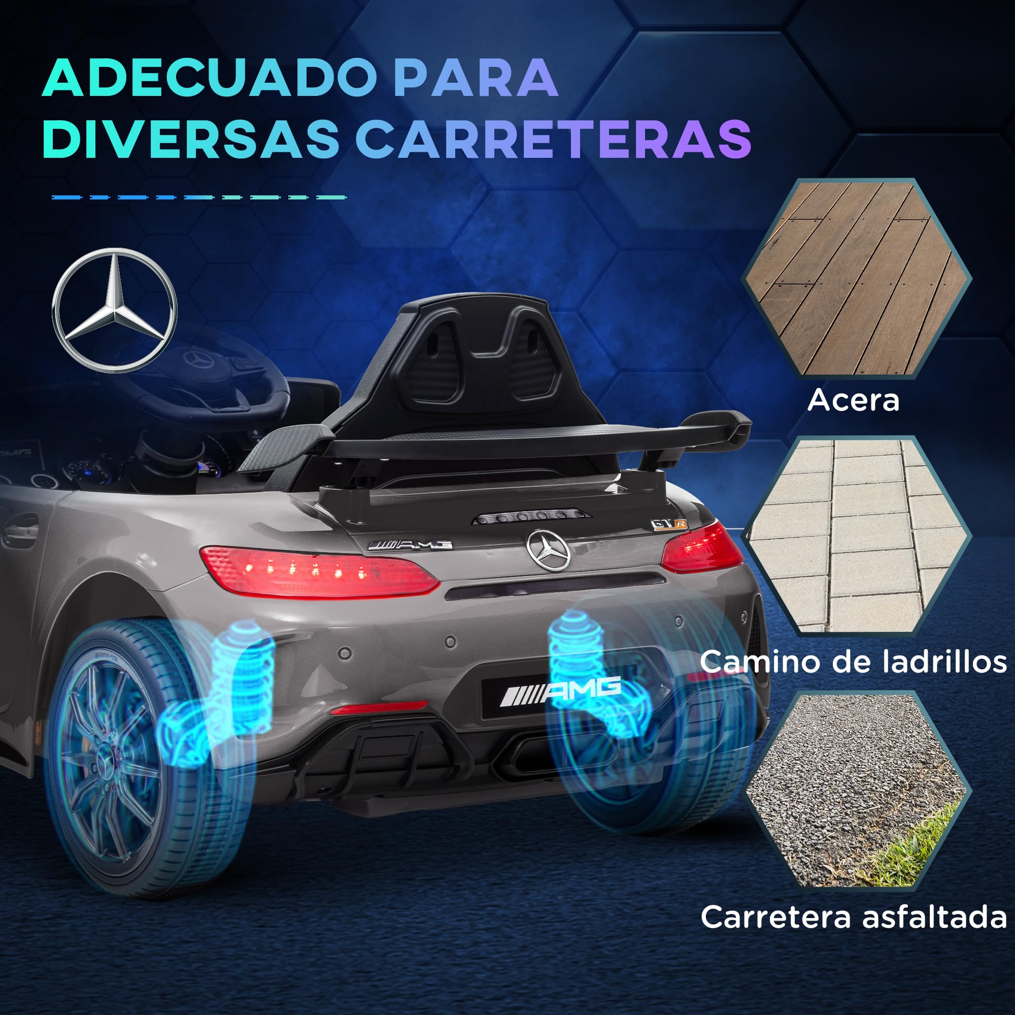 AIYAPLAY Coche Eléctrico para Niños de +3 Años Mercedes-Benz AMG GTR Carro Eléctrico Infantil con Batería 12V Mando a Distancia Faros Bocina Música MP3 Arranque Lento y Pantalla Plata